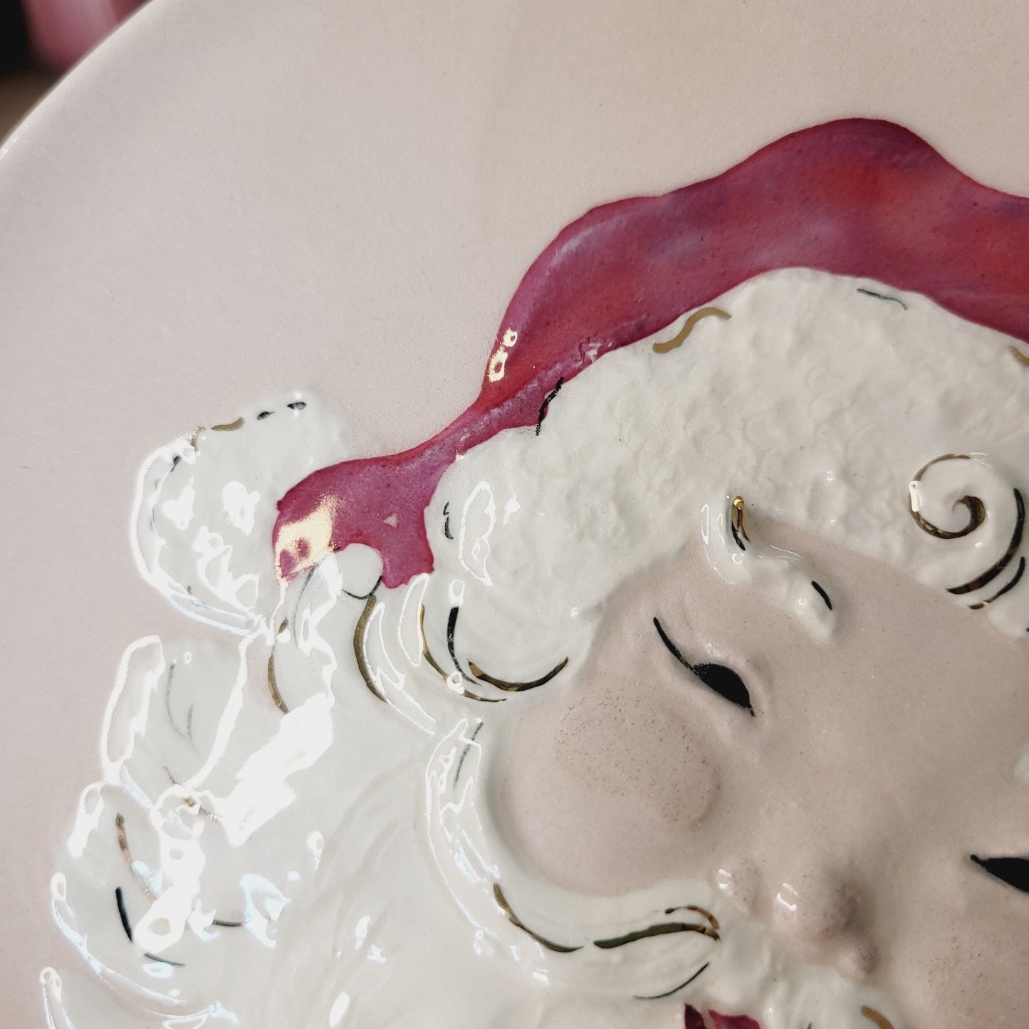 Kay Finch California Santa Face Relief Plate Blush Pink Gold Vintage