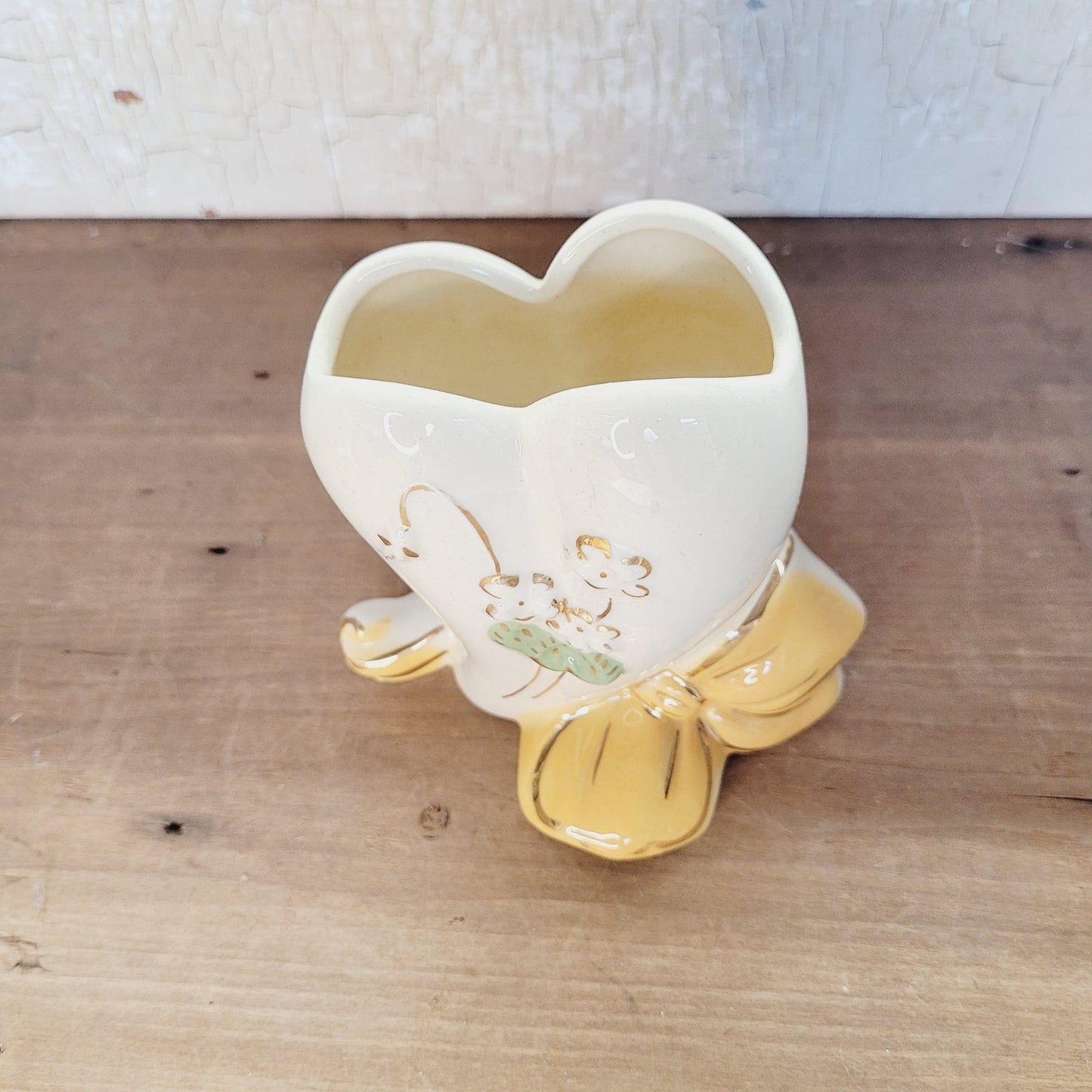 Vintage USA Pottery Heart Planter with Bow, 5.75 inches - Marked USA