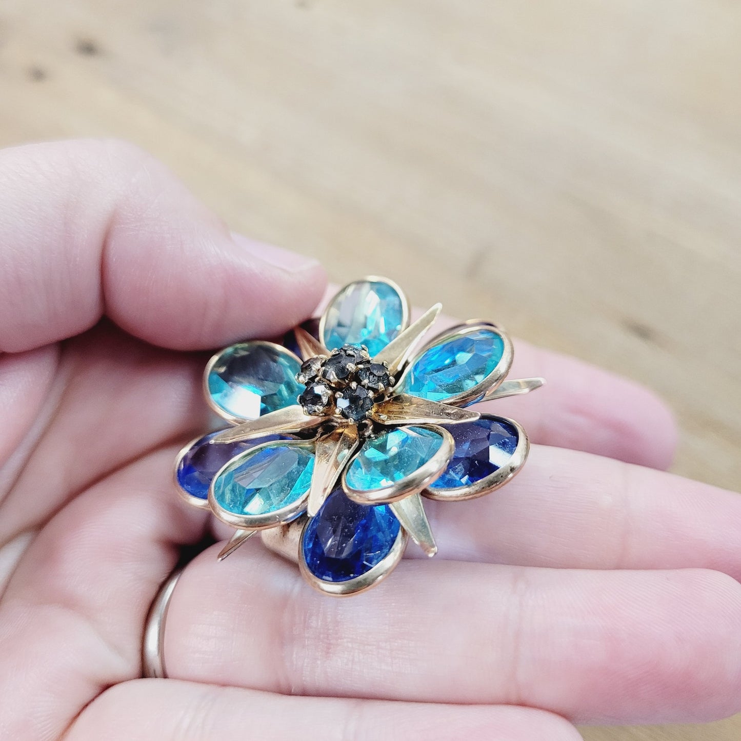 Vintage Walter Lampl Gold-Filled Pendant/Brooch w/ Aqua & Sapphire Blue Crystals