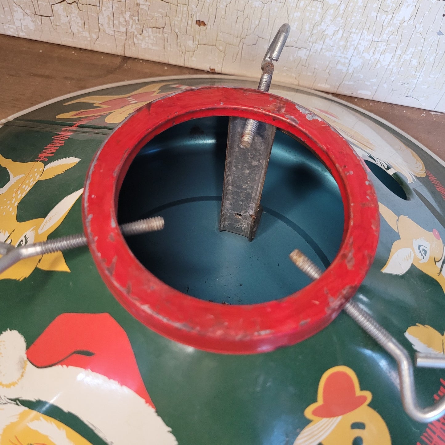 1950s Vintage Tin Metal Litho Christmas Tree Stand Santa Rudolph Gingerbread