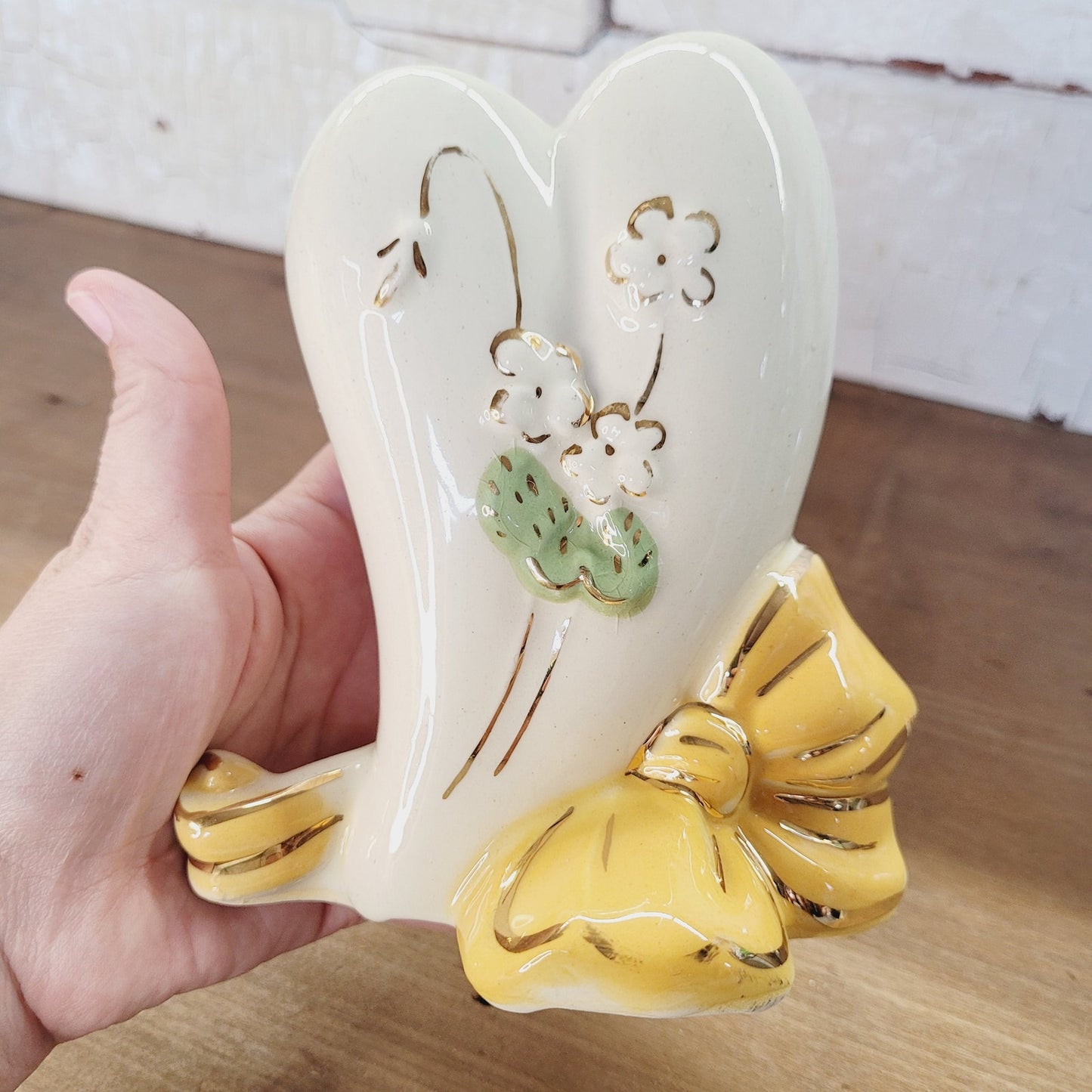 Vintage USA Pottery Heart Planter with Bow, 5.75 inches - Marked USA