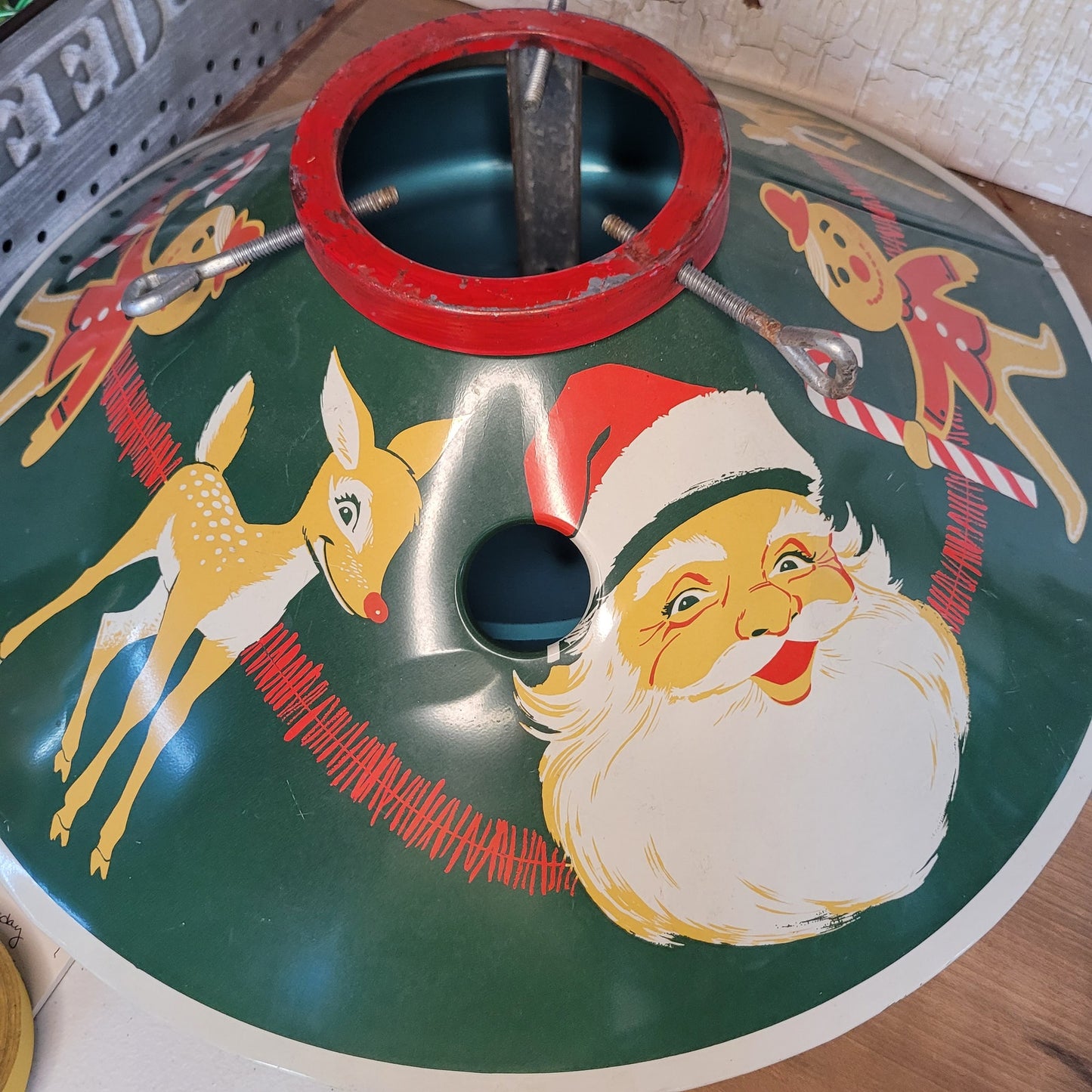 1950s Vintage Tin Metal Litho Christmas Tree Stand Santa Rudolph Gingerbread