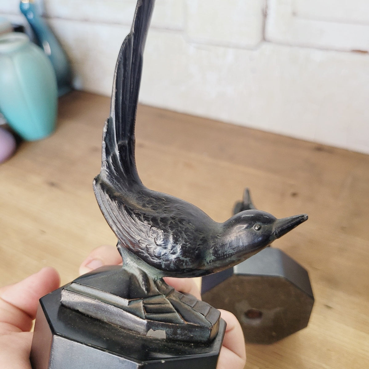 Vintage Art Deco Bookends Bird Figural Spelter Upswept Tail Black Stone Base