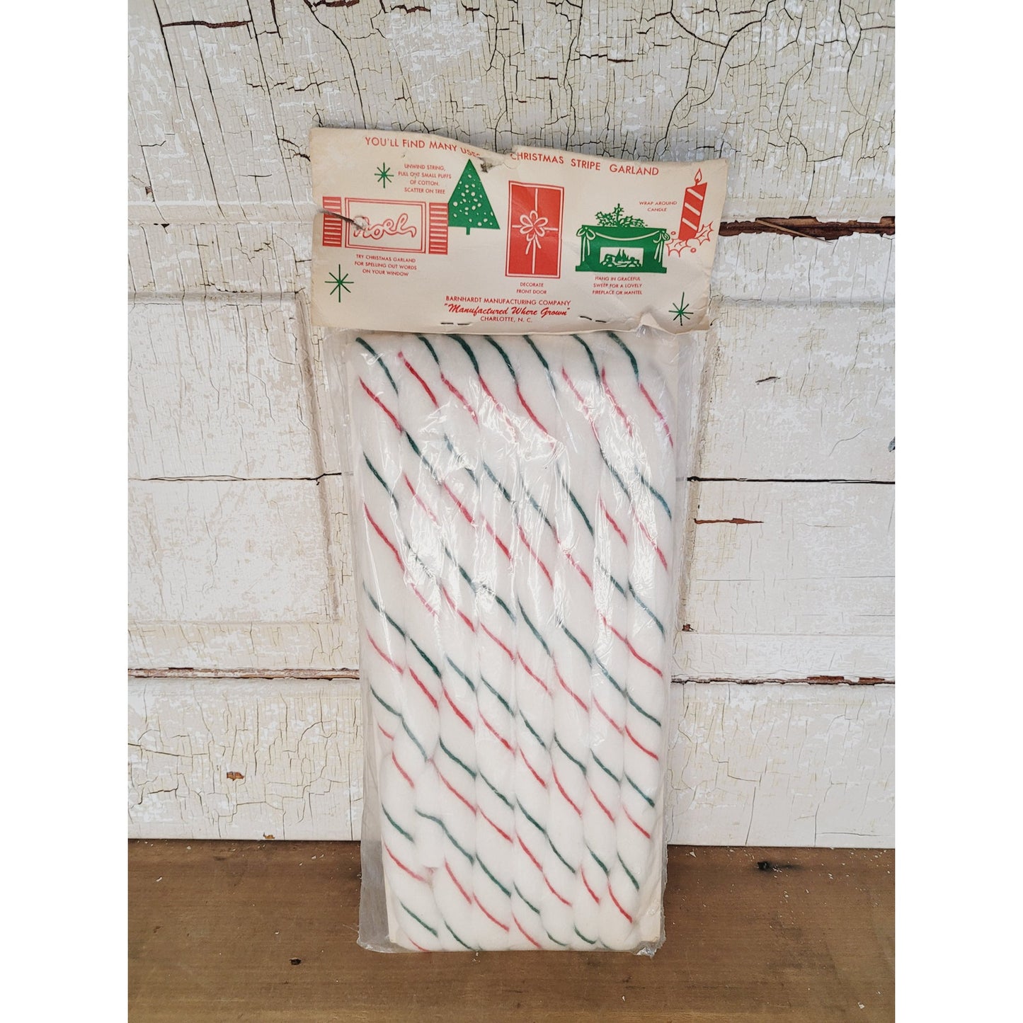 Vintage 1950s Christmas Garland Flame Proof Cotton Candy Cane Stripe 15 Ft