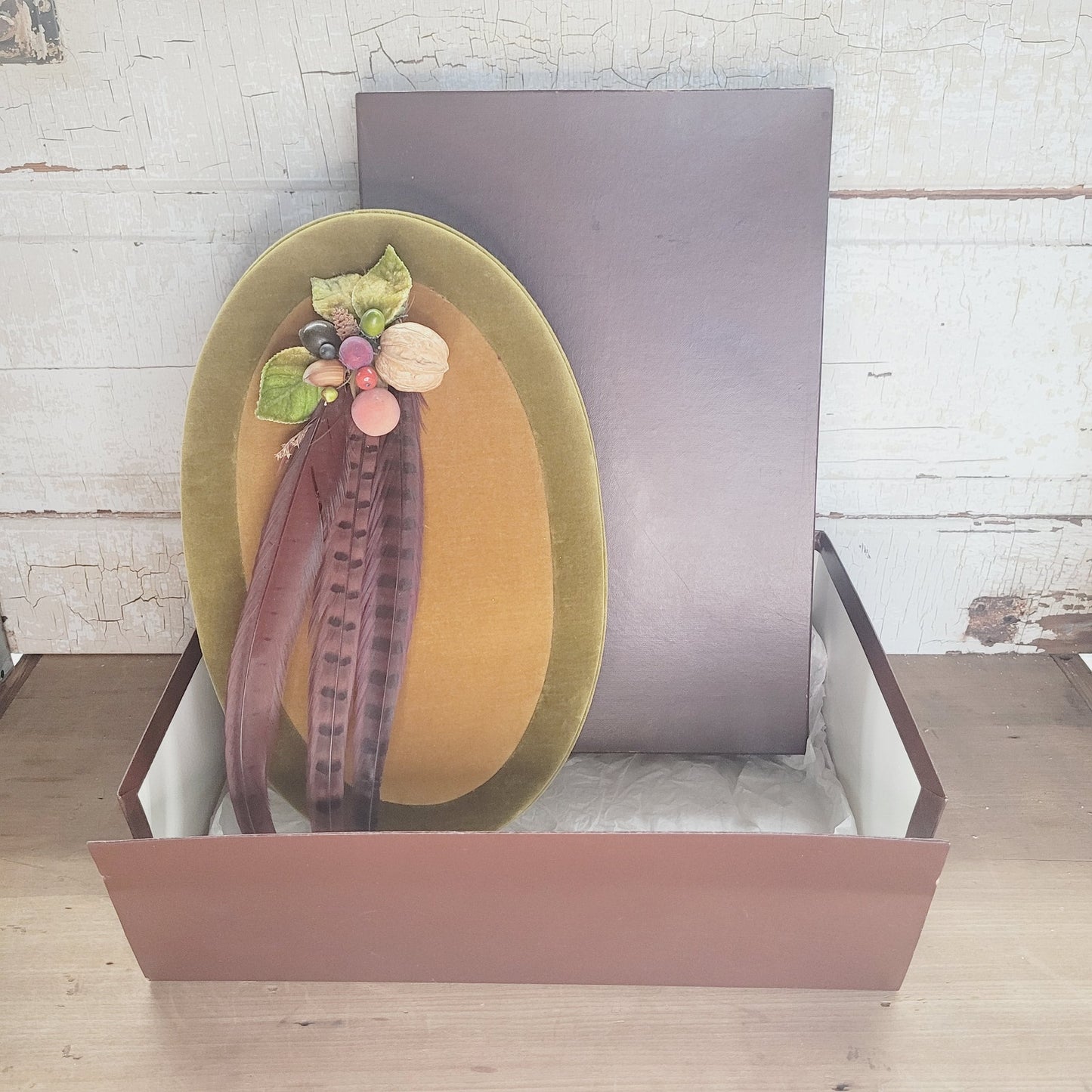 Vintage Godiva Velvet Chocolate Box 14" Oval with Feathers Fruit & Gift Box