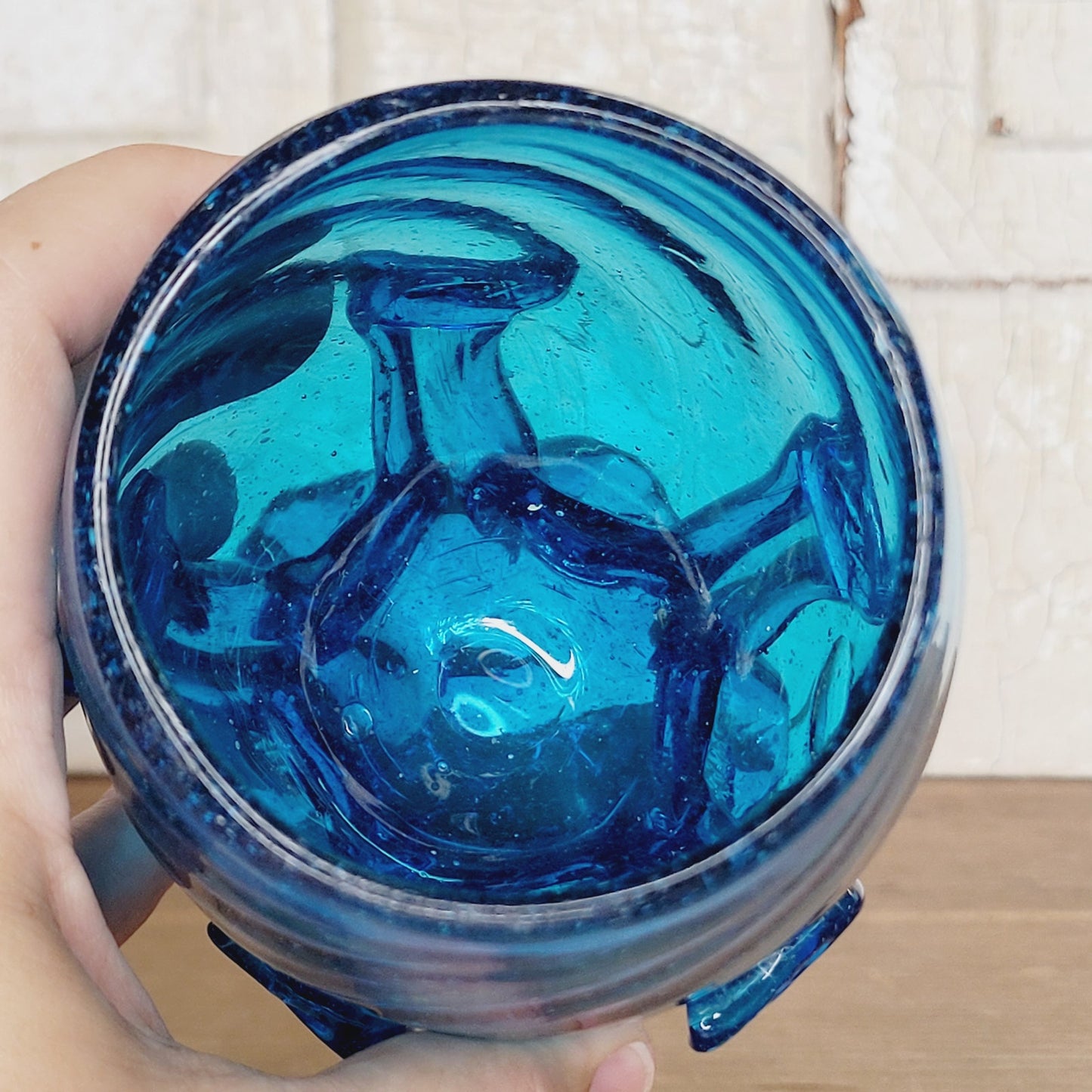 Vintage Murano Style Handblown Blue Footed Art Glass Vase Centerpiece, 5”