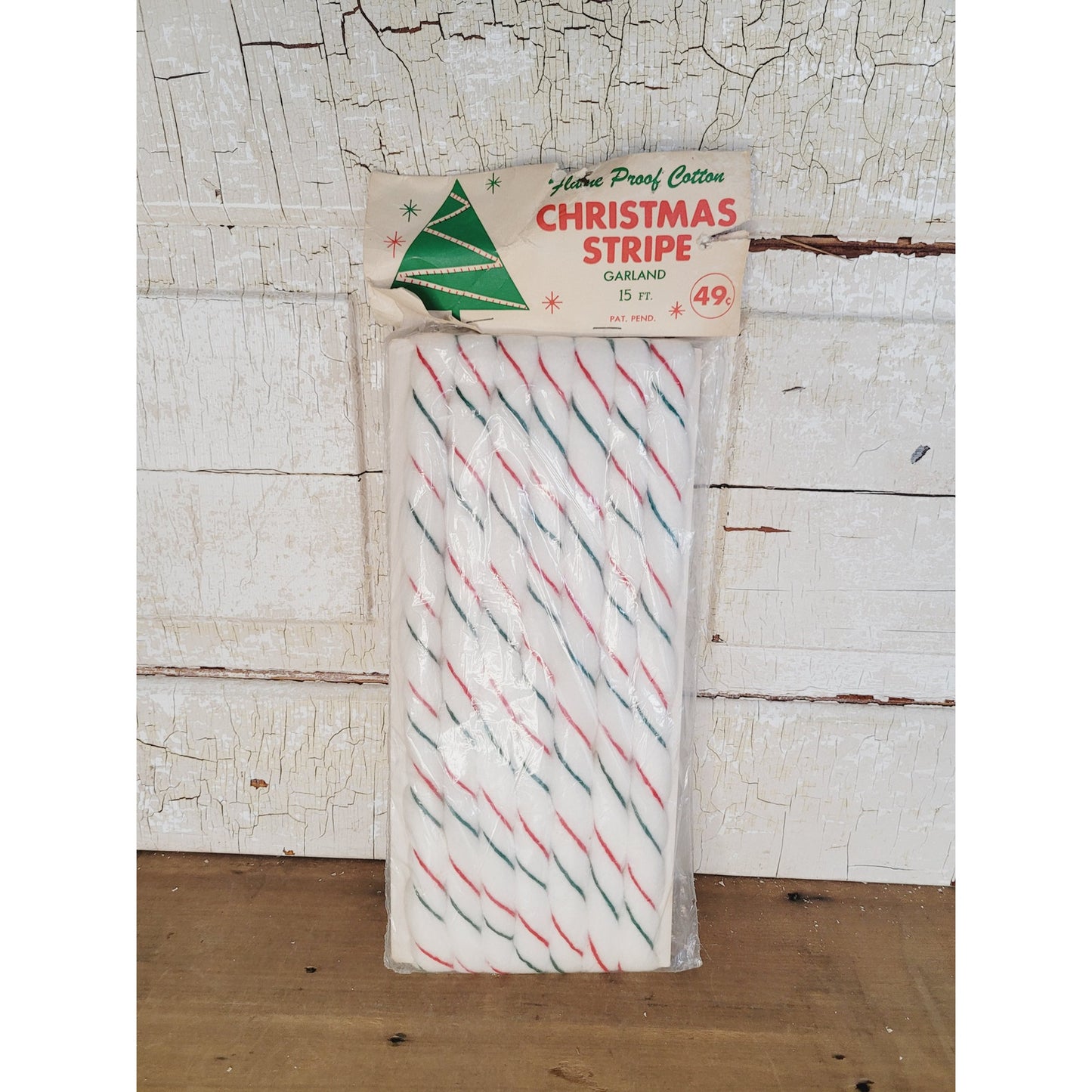 Vintage 1950s Christmas Garland Flame Proof Cotton Candy Cane Stripe 15 Ft