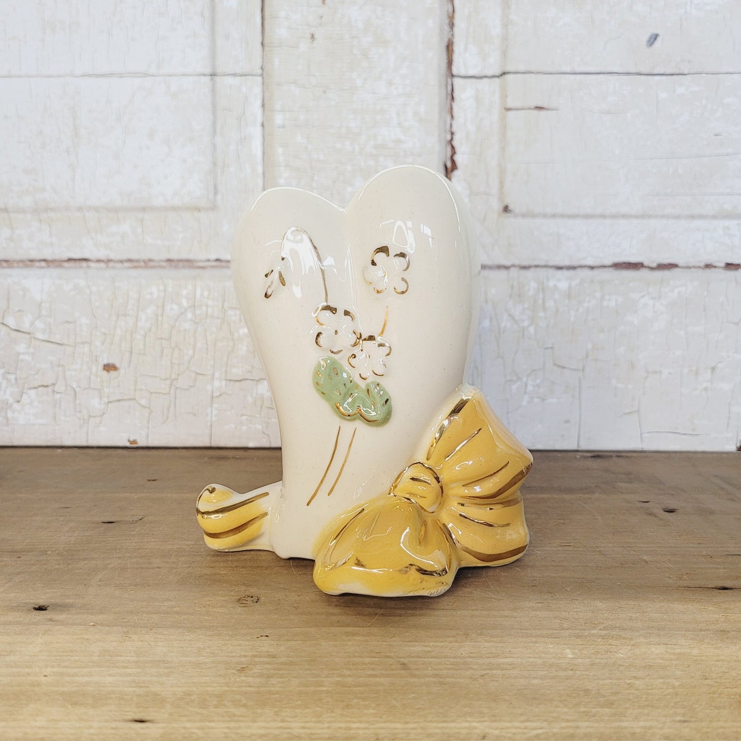 Vintage USA Pottery Heart Planter with Bow, 5.75 inches - Marked USA