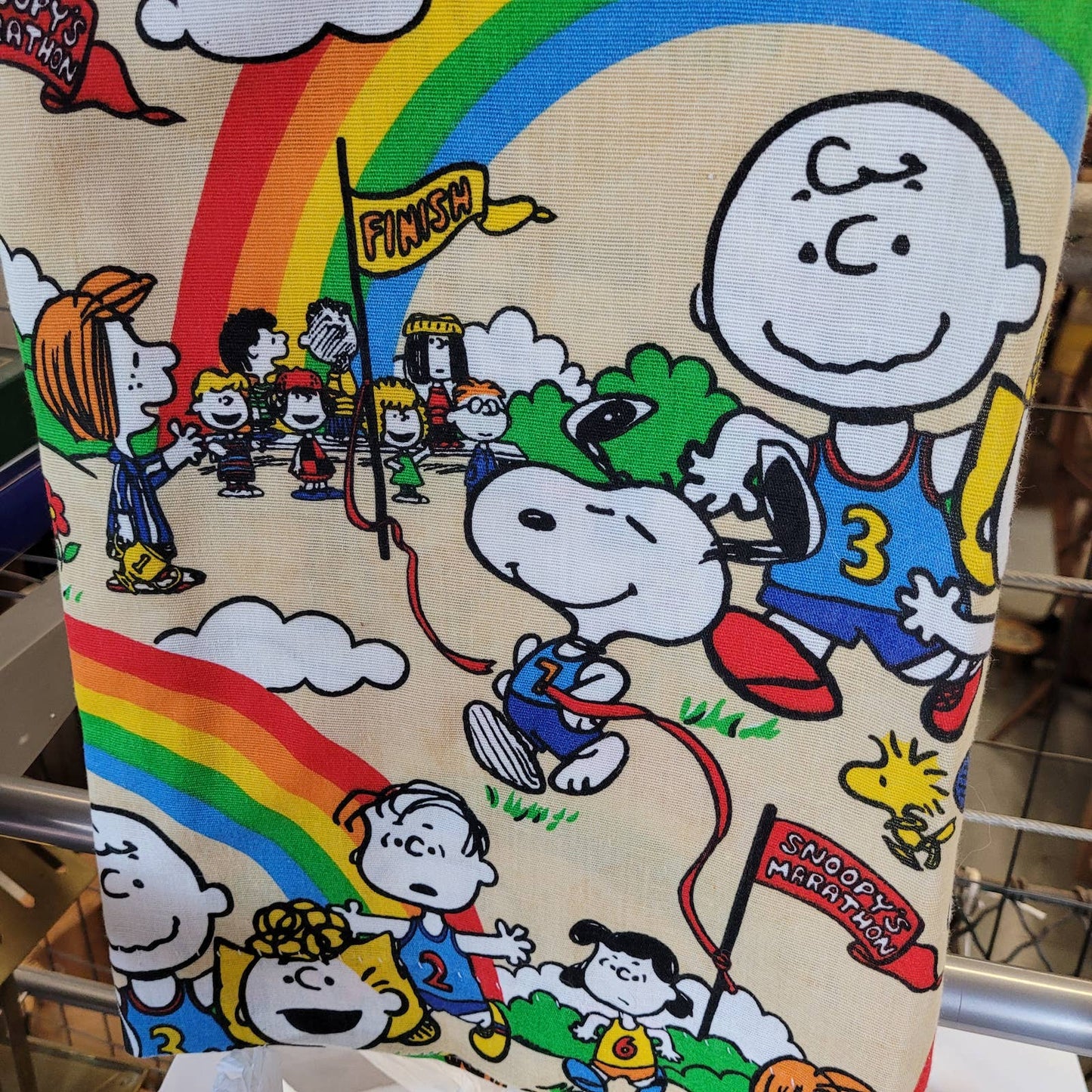 VTG PEANUTS SNOOPY CHARLIE BROWN "MARATHON" CURTAIN DRAPES FABRIC 2 PANELS 62"L