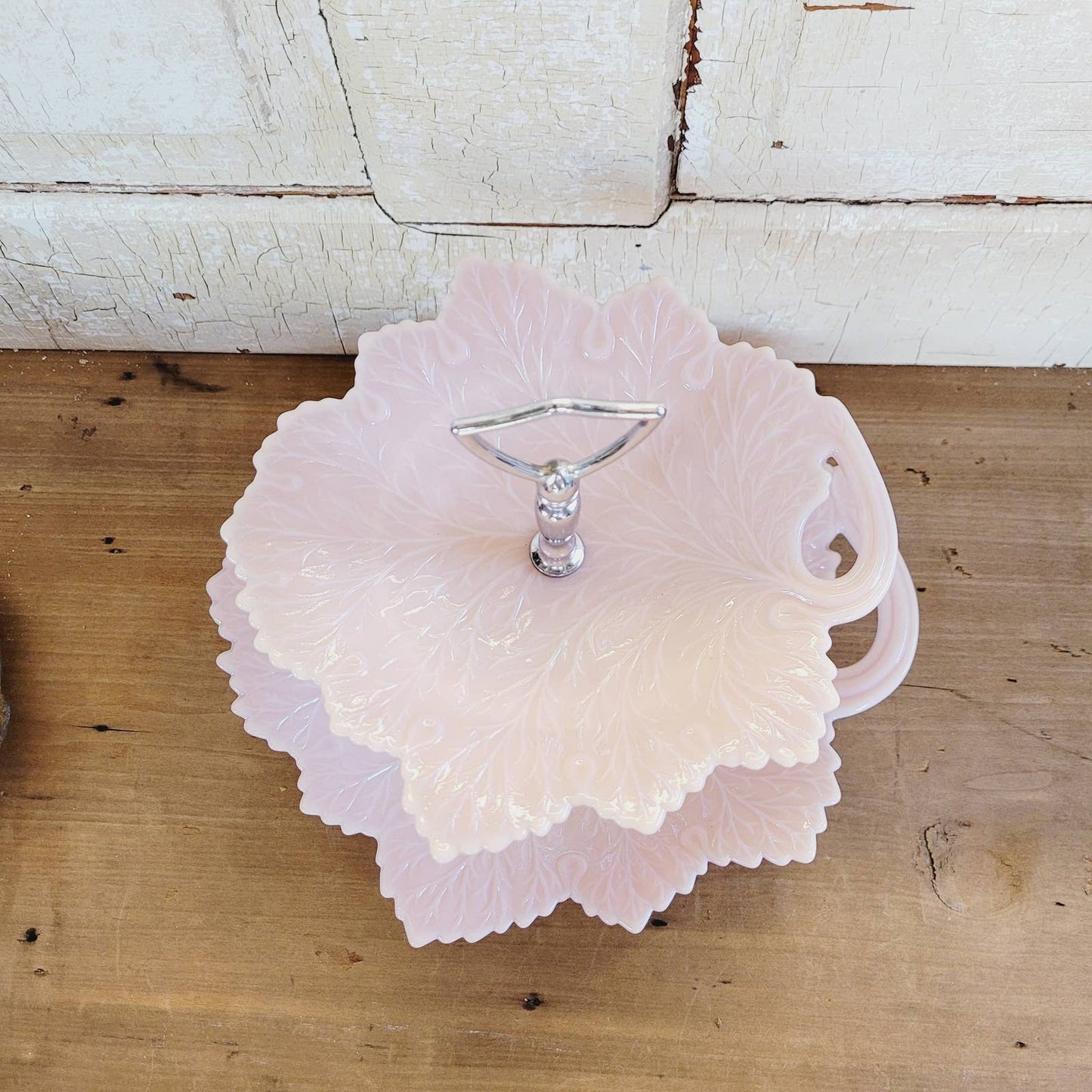 Fenton Pink Slag Milk Glass Leaf Tiered Cake Server Handled