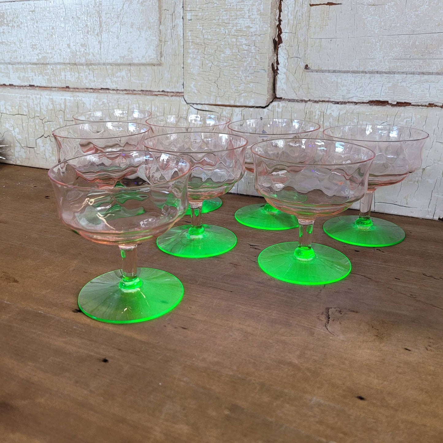 (8) Diamond Optic Pink Green Uranium Sherbet Champagne Coupe Depression Vintage