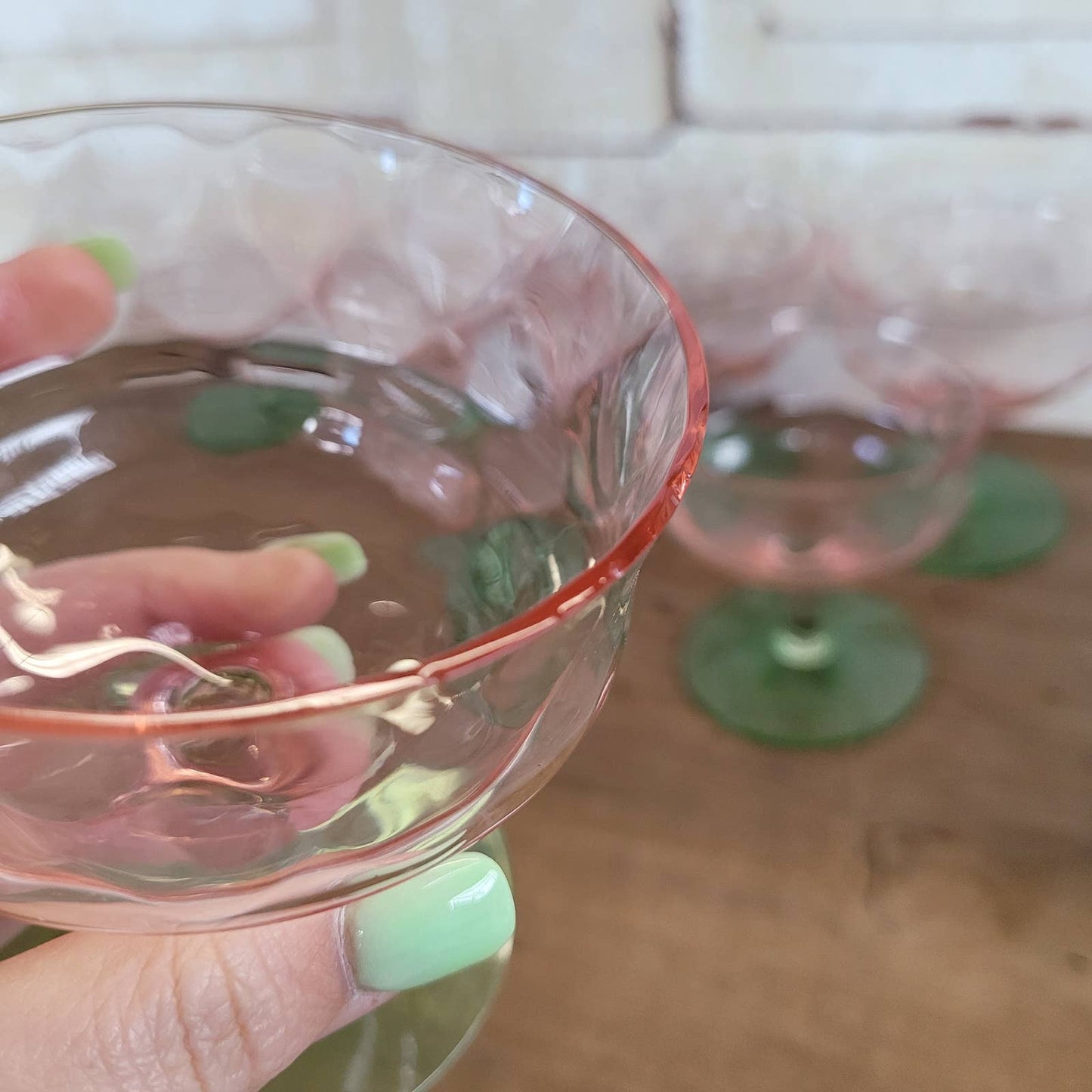 (8) Diamond Optic Pink Green Uranium Sherbet Champagne Coupe Depression Vintage