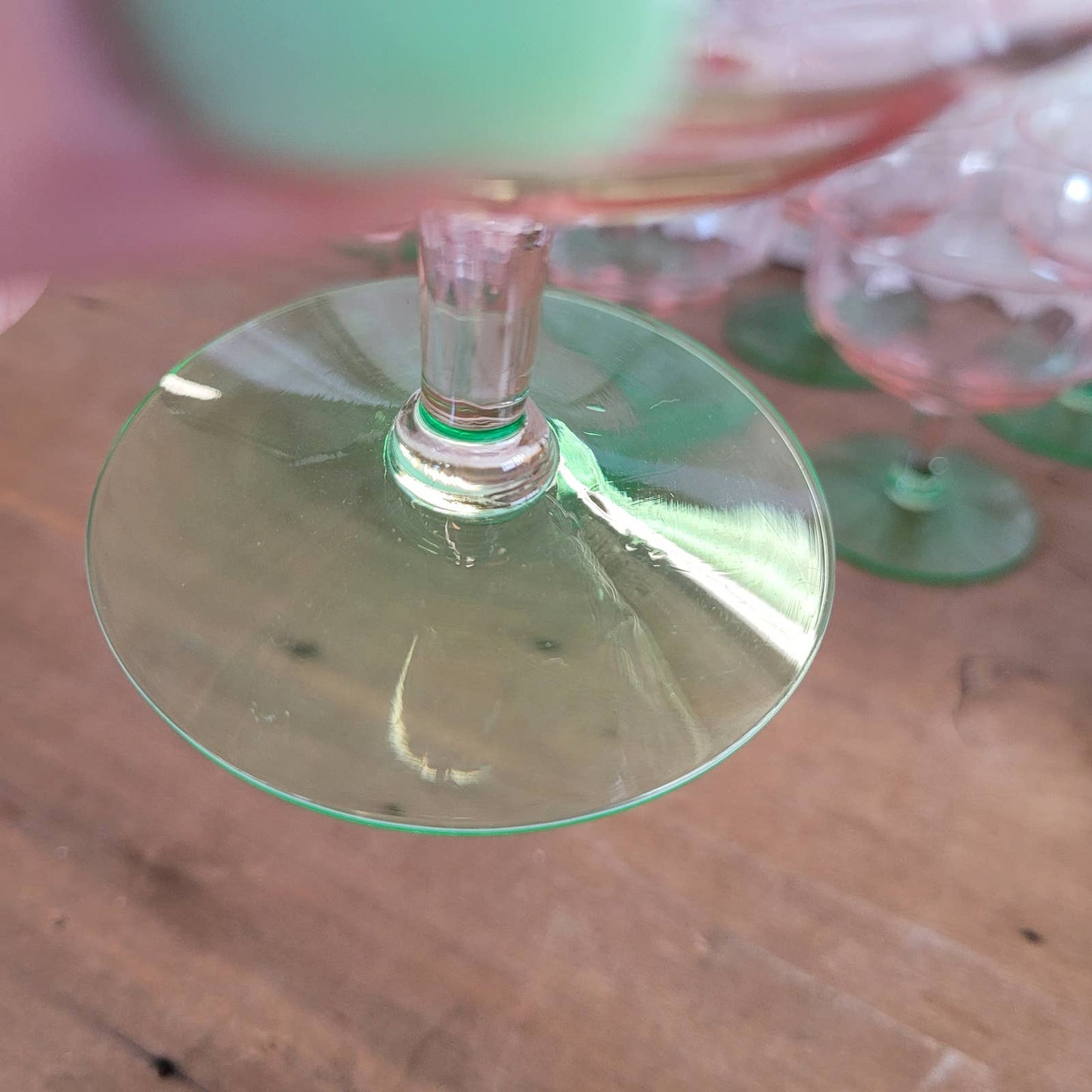 (8) Diamond Optic Pink Green Uranium Sherbet Champagne Coupe Depression Vintage
