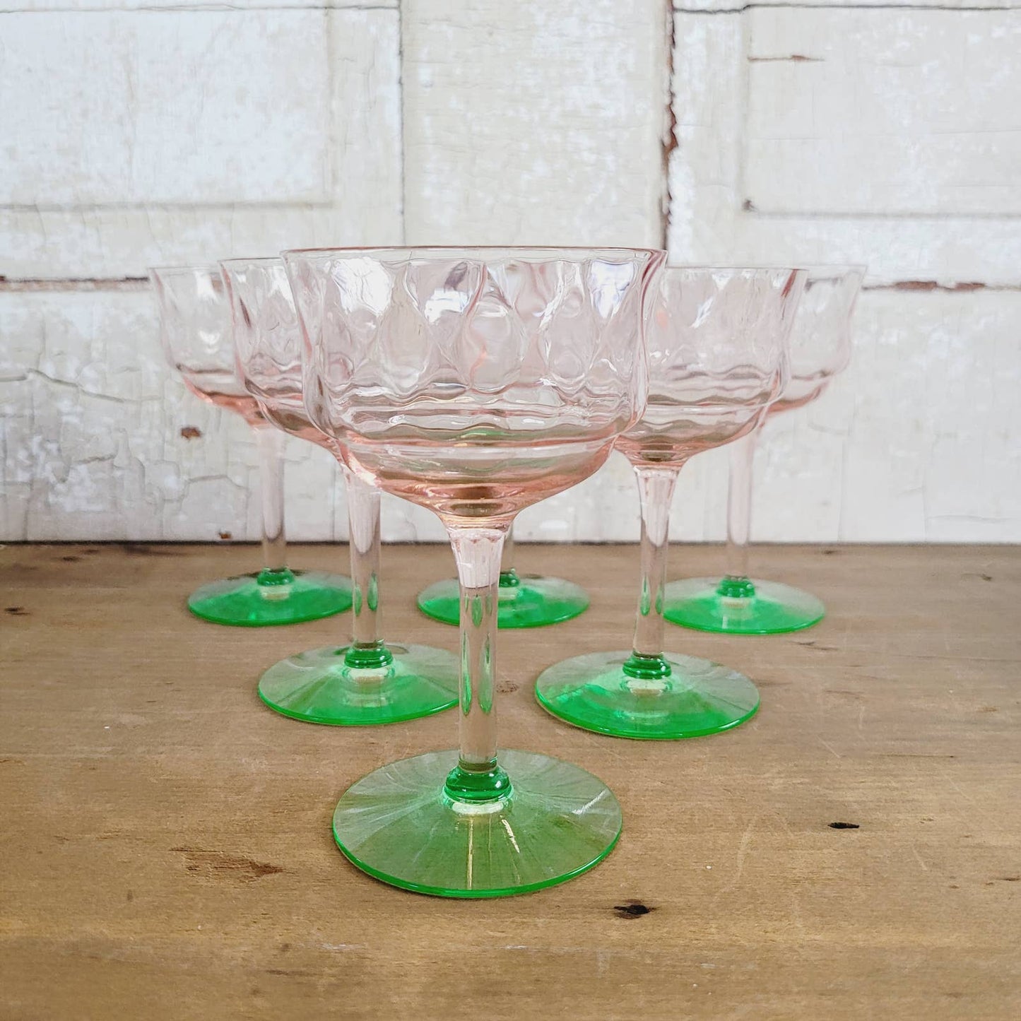 (6) Diamond Optic Pink Green Uranium Champagne Coupe Glasses Depression Vintage