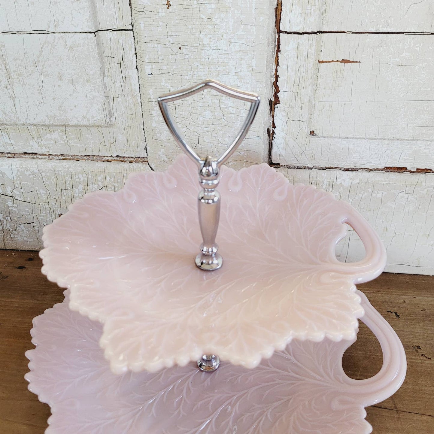 Fenton Pink Slag Milk Glass Leaf Tiered Cake Server Handled