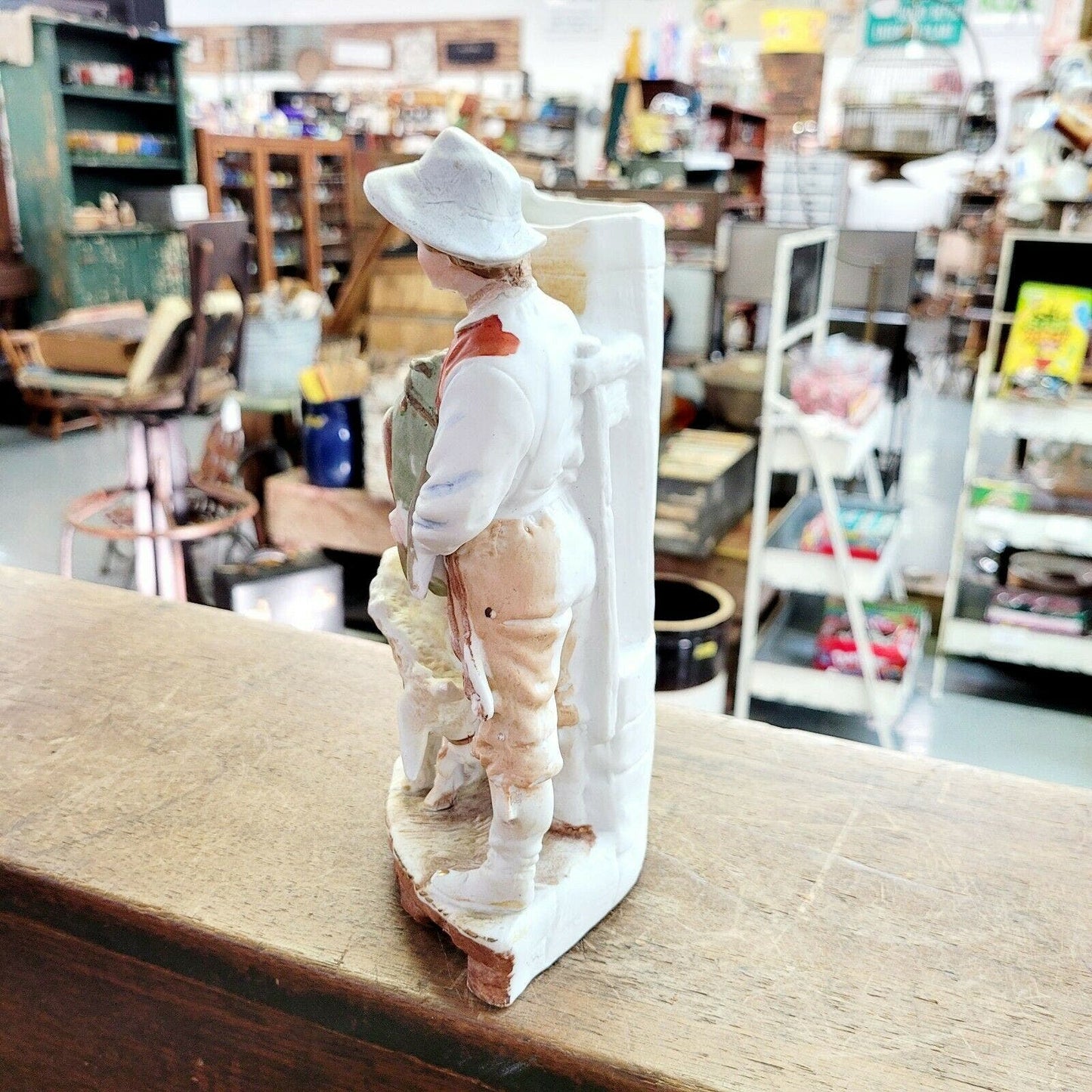 Late 1800s Carl Schneider German Bisque Figurine Vase Boy and Mule