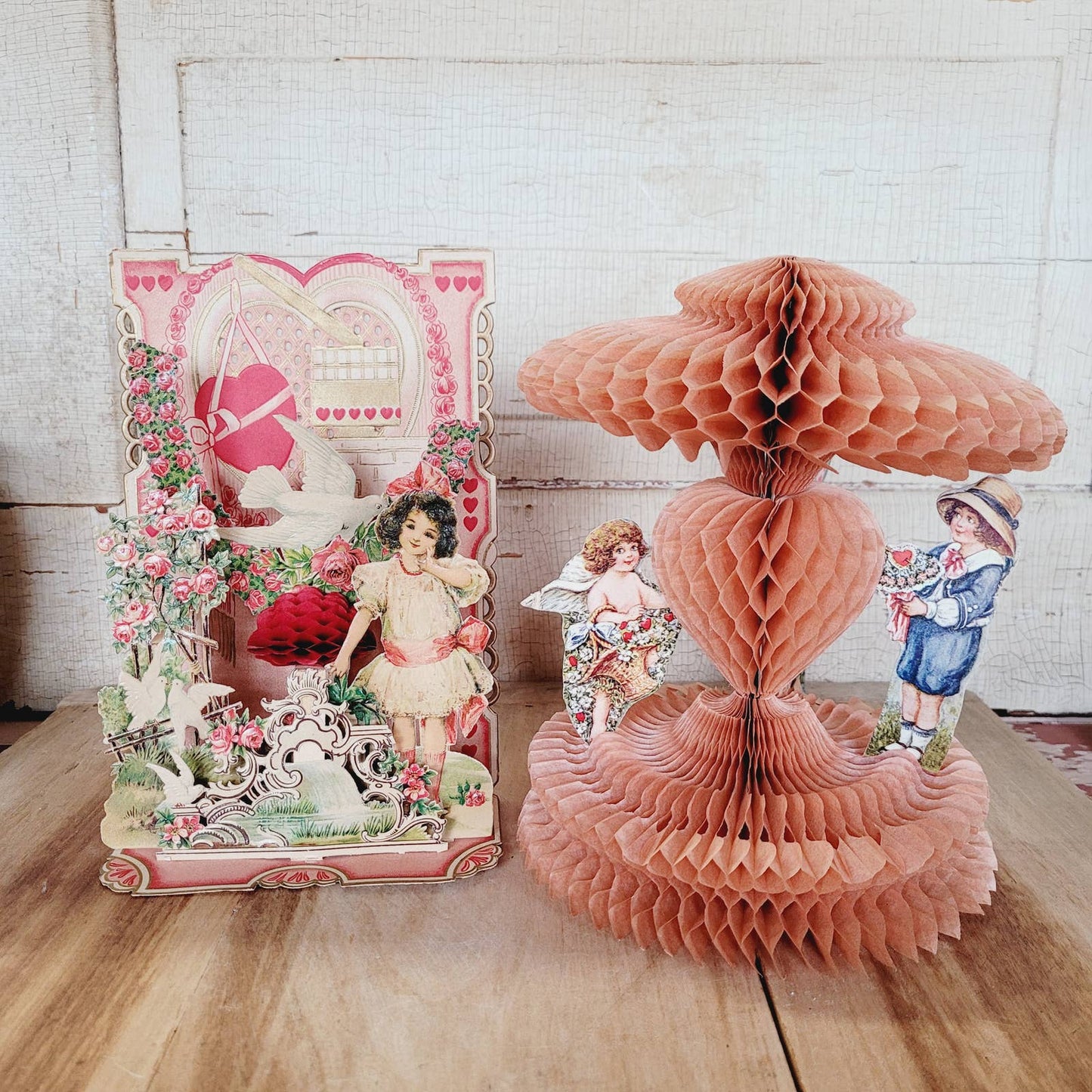 2 Antique Vintage Valentines Cards 3D Honeycomb Victorian Die Cut