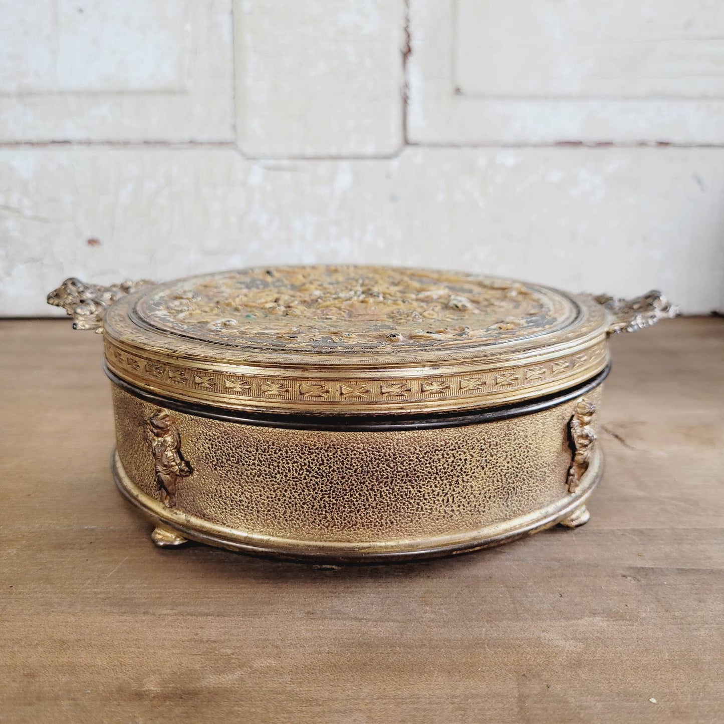 Circa 1910-30's Apollo Antique Glass and Brass Divided Vanity w/ Lid and Cherubs