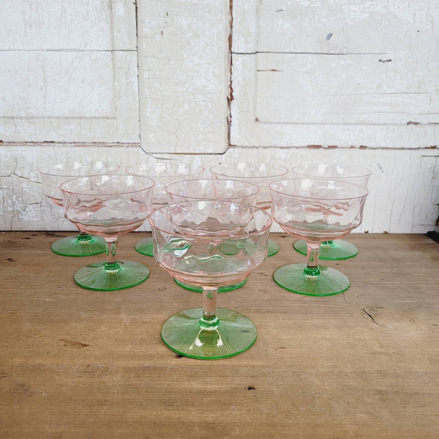 (8) Diamond Optic Pink Green Uranium Sherbet Champagne Coupe Depression Vintage