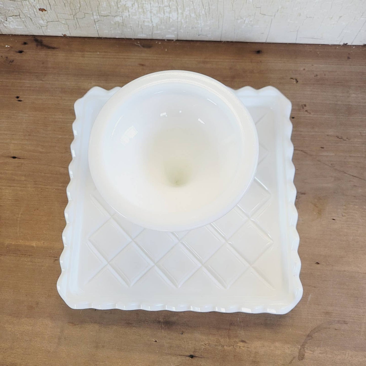 Vintage Indiana Glass Cake Stand SQUARE Shaped Diamond Edged White Milk Glass