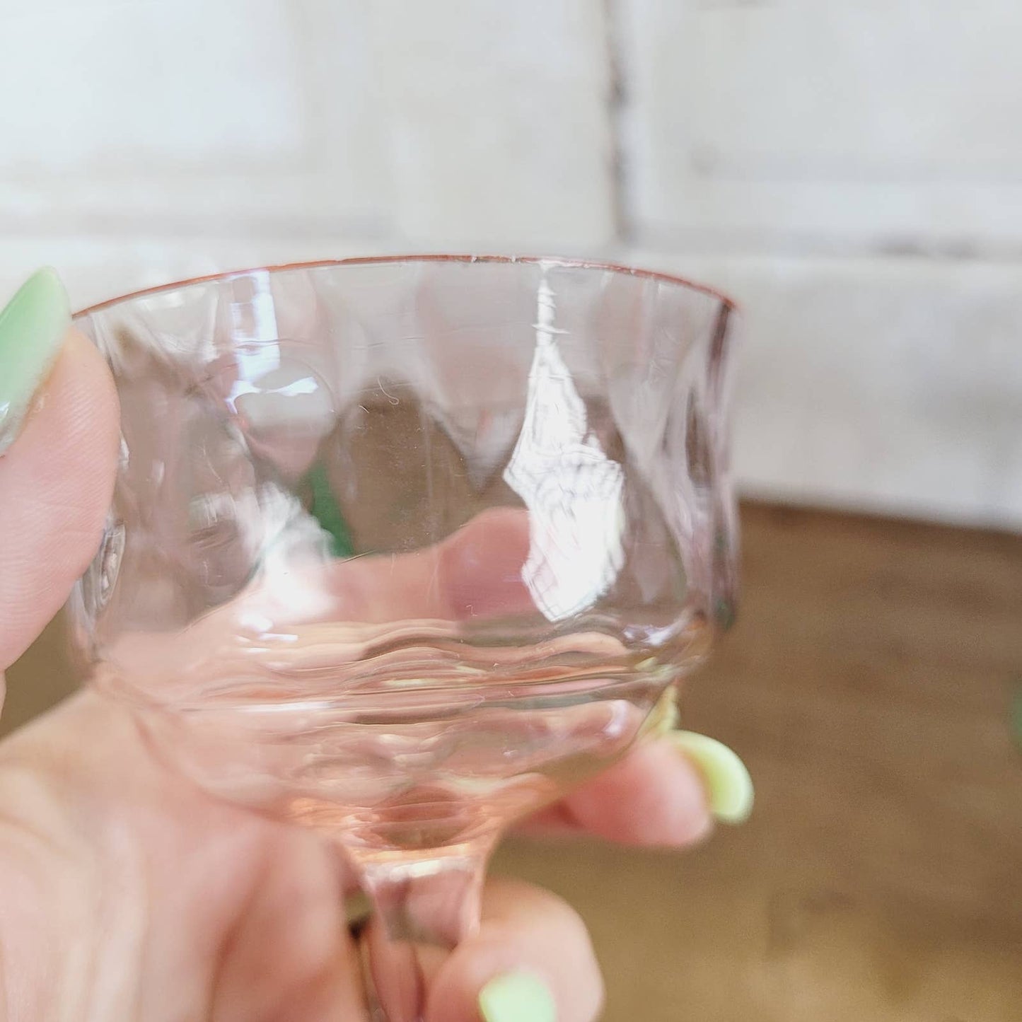 (6) Diamond Optic Pink Green Uranium Champagne Coupe Glasses Depression Vintage
