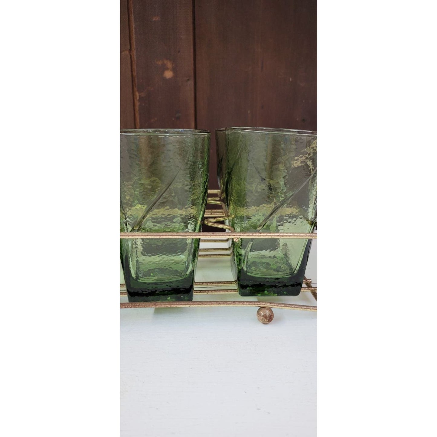 Vintage Green Glass Set with Ice Bowl and Carrier: Mid-Century Modern Charm