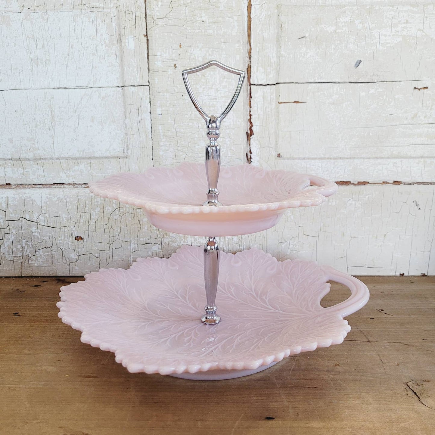 Fenton Pink Slag Milk Glass Leaf Tiered Cake Server Handled