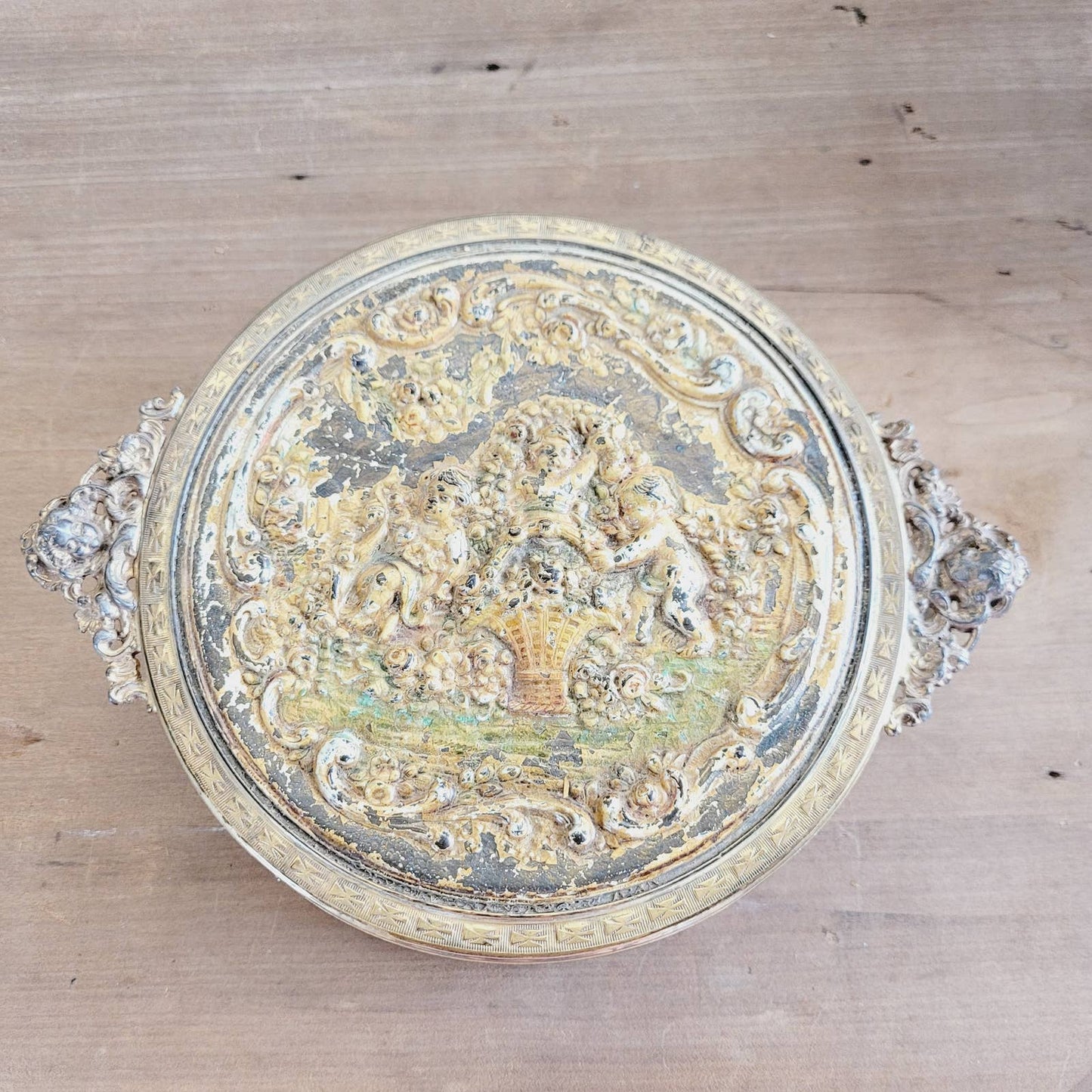 Circa 1910-30's Apollo Antique Glass and Brass Divided Vanity w/ Lid and Cherubs