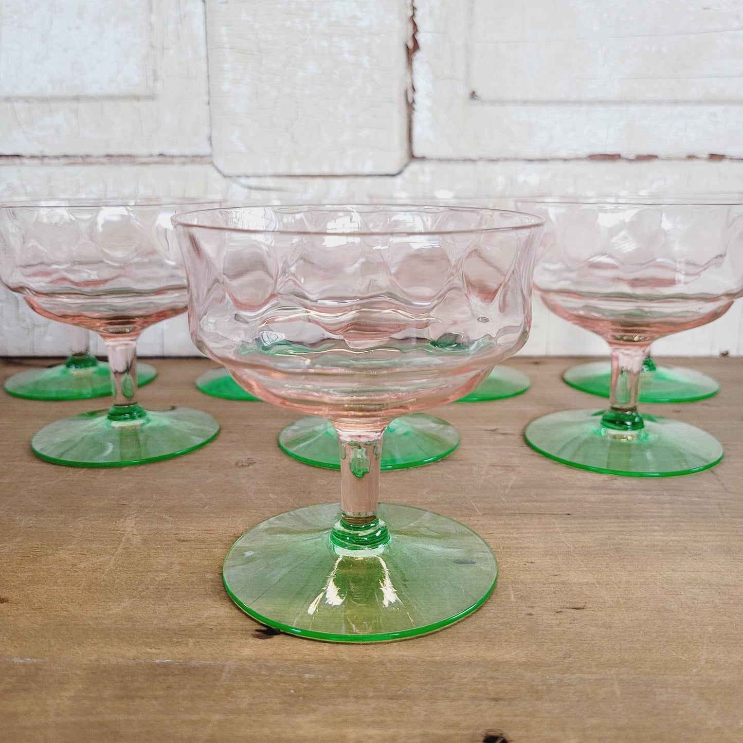 (8) Diamond Optic Pink Green Uranium Sherbet Champagne Coupe Depression Vintage