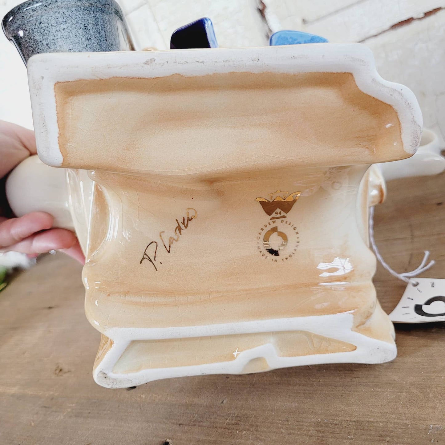 Large Cardew Design Novelty Teapot Hardware Cart & Sugar Signed Dated