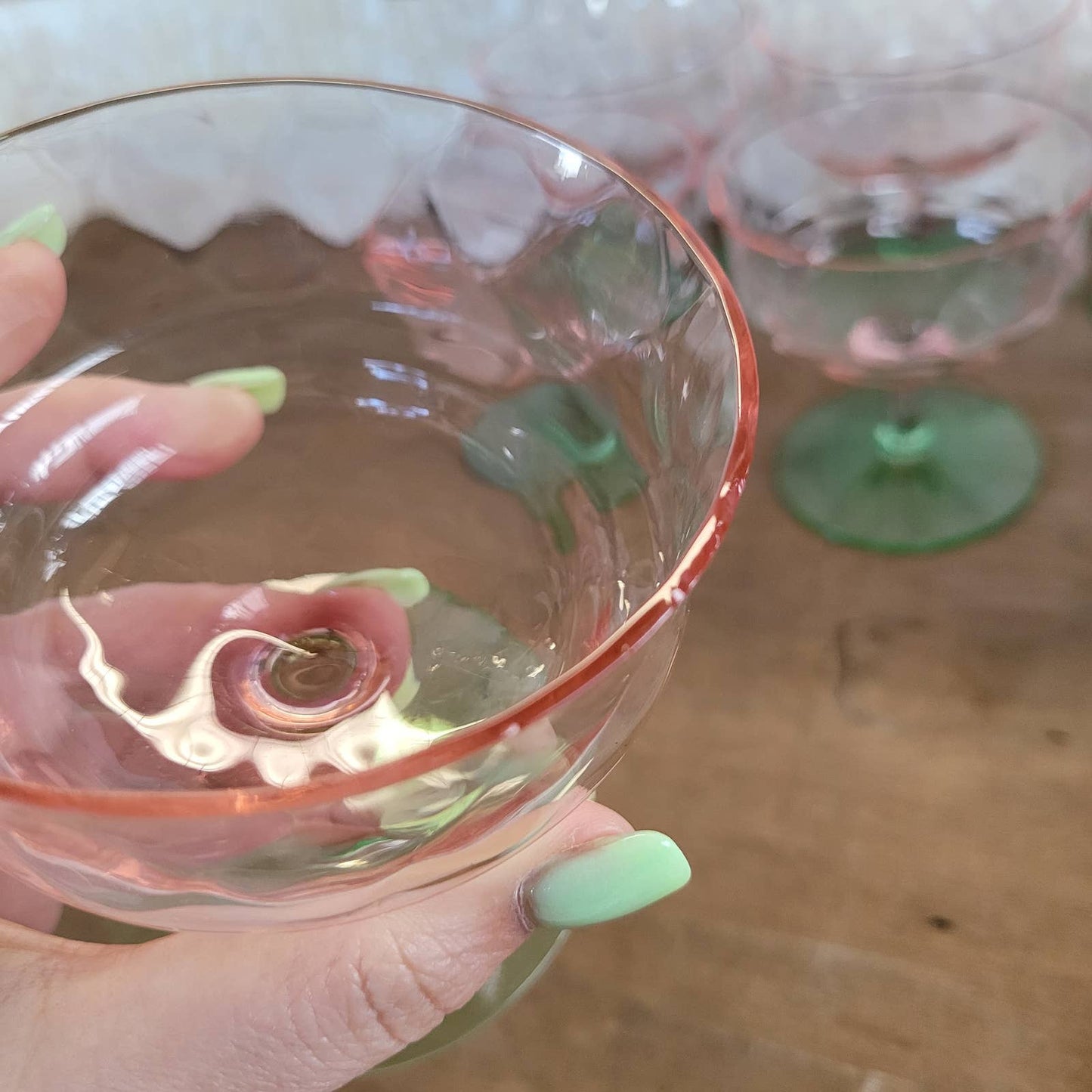 (8) Diamond Optic Pink Green Uranium Sherbet Champagne Coupe Depression Vintage