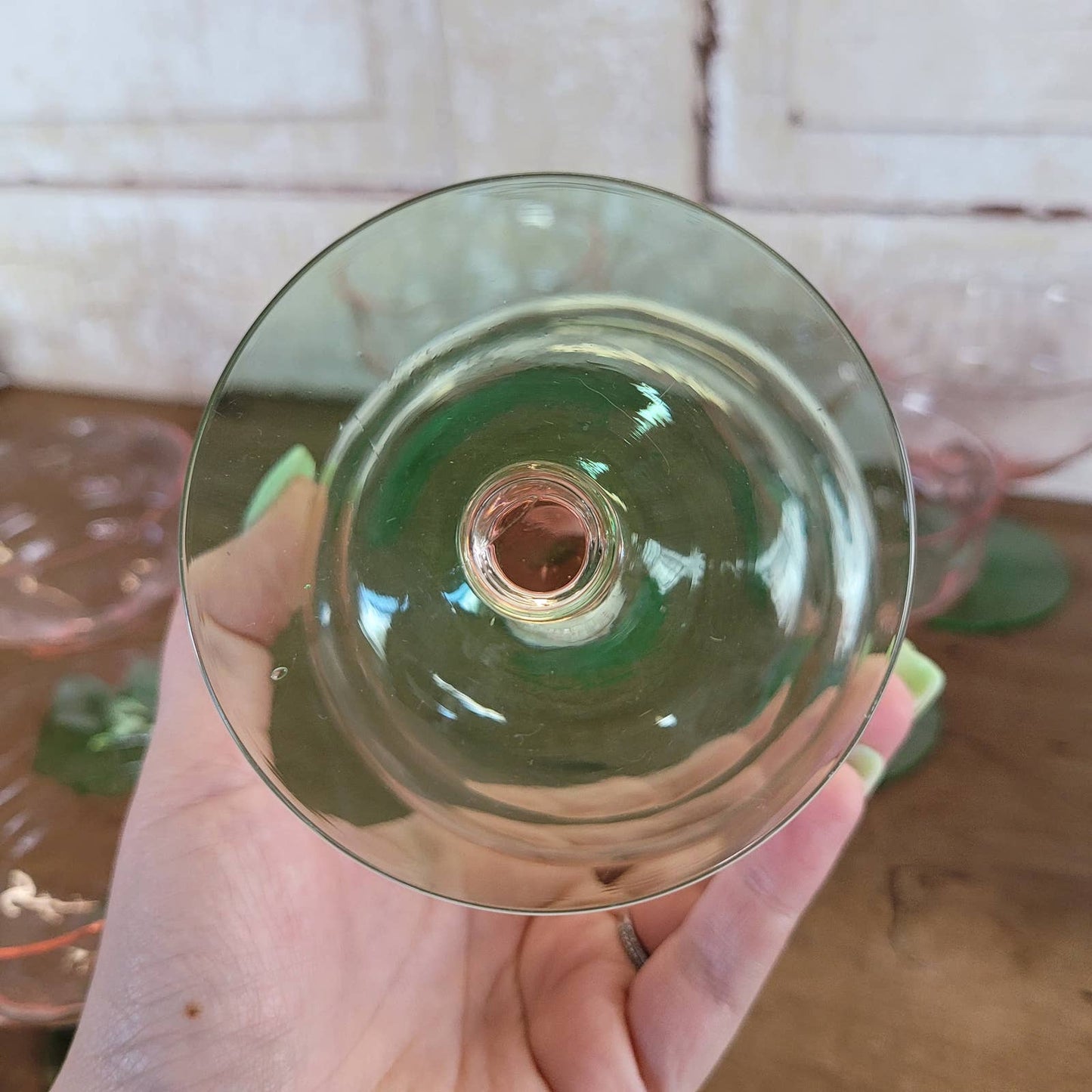 (8) Diamond Optic Pink Green Uranium Sherbet Champagne Coupe Depression Vintage