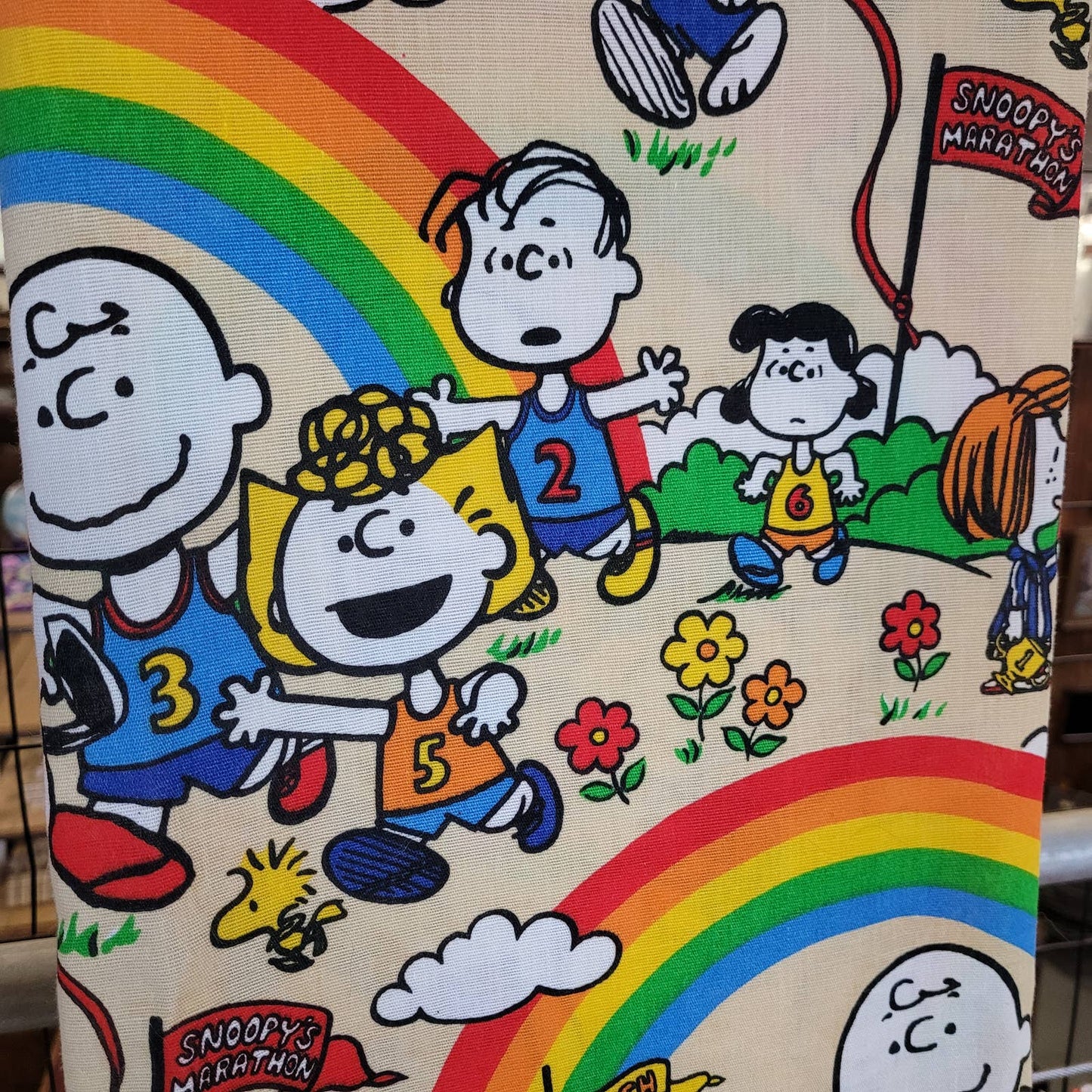 VTG PEANUTS SNOOPY CHARLIE BROWN "MARATHON" CURTAIN DRAPES FABRIC 2 PANELS 62"L
