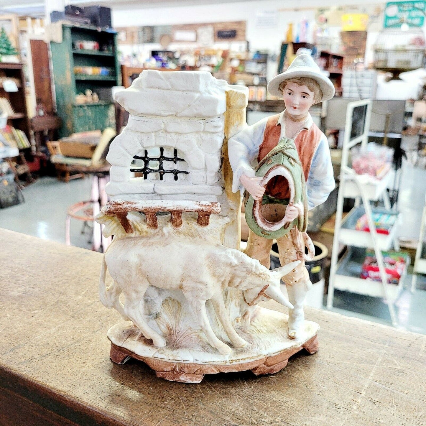 Late 1800s Carl Schneider German Bisque Figurine Vase Boy and Mule