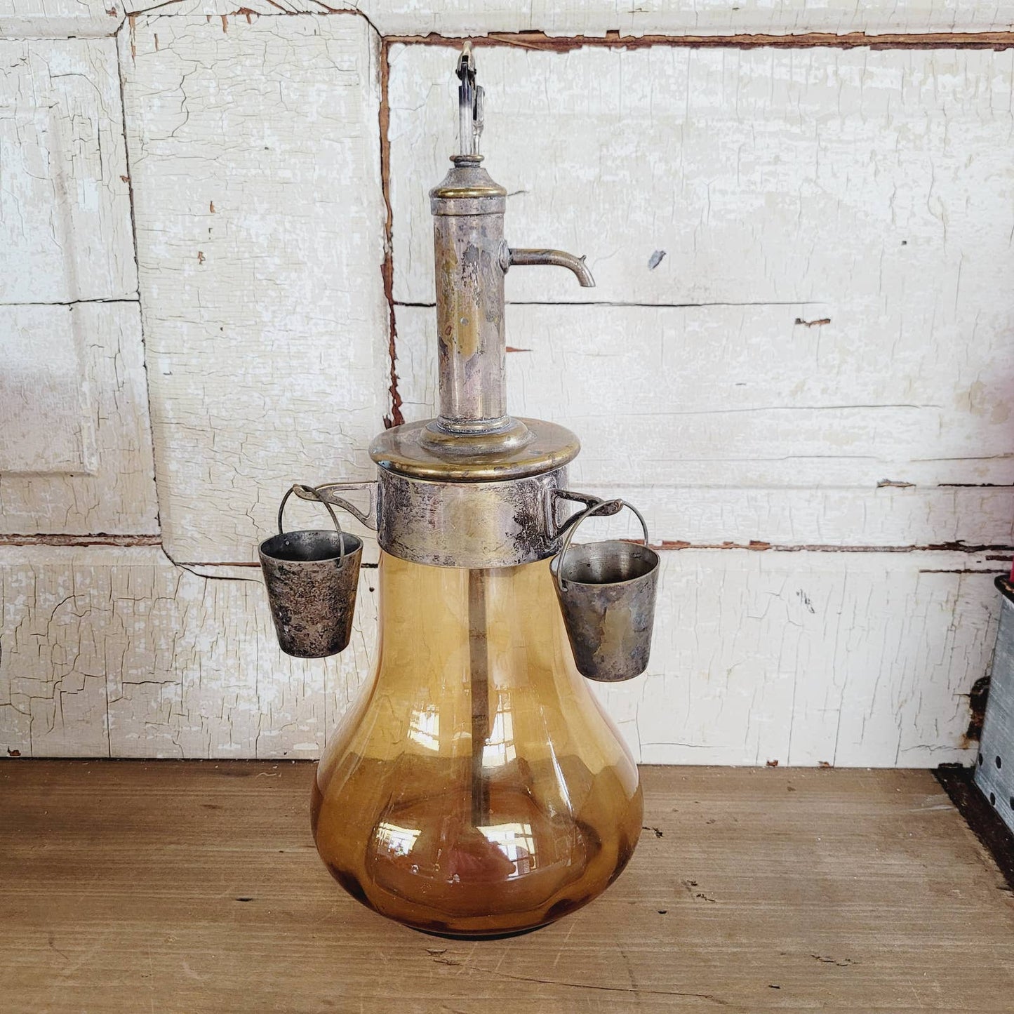 Vintage Silver Plated Brass Liquor Dispenser Pump & Cups Amber Glass Ciske & Son