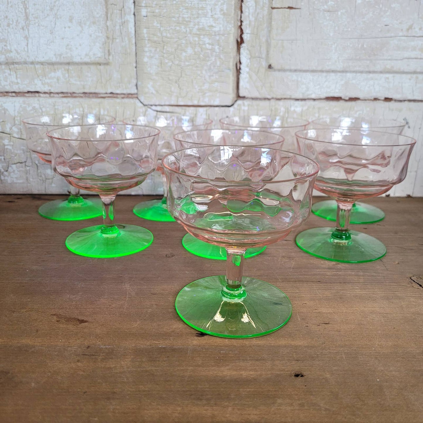 (8) Diamond Optic Pink Green Uranium Sherbet Champagne Coupe Depression Vintage