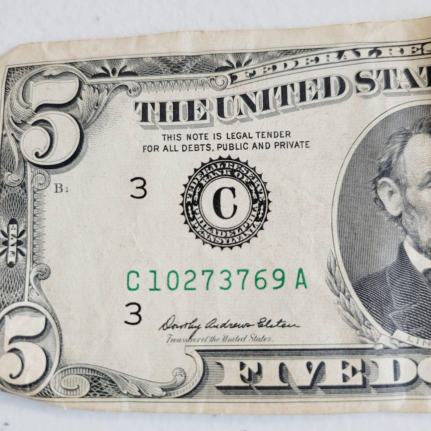 1969 $5 Five Dollar Bill Currency C