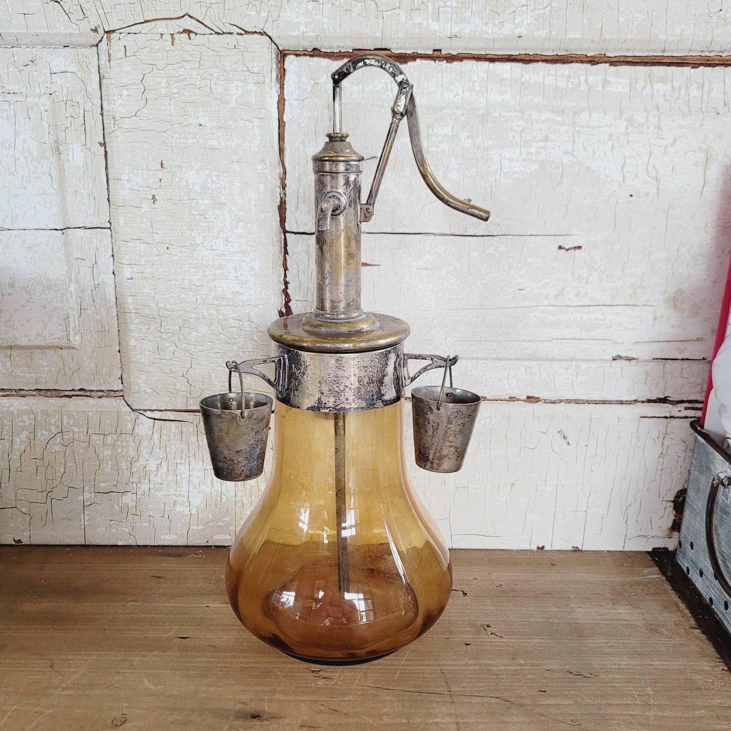 Vintage Silver Plated Brass Liquor Dispenser Pump & Cups Amber Glass Ciske & Son