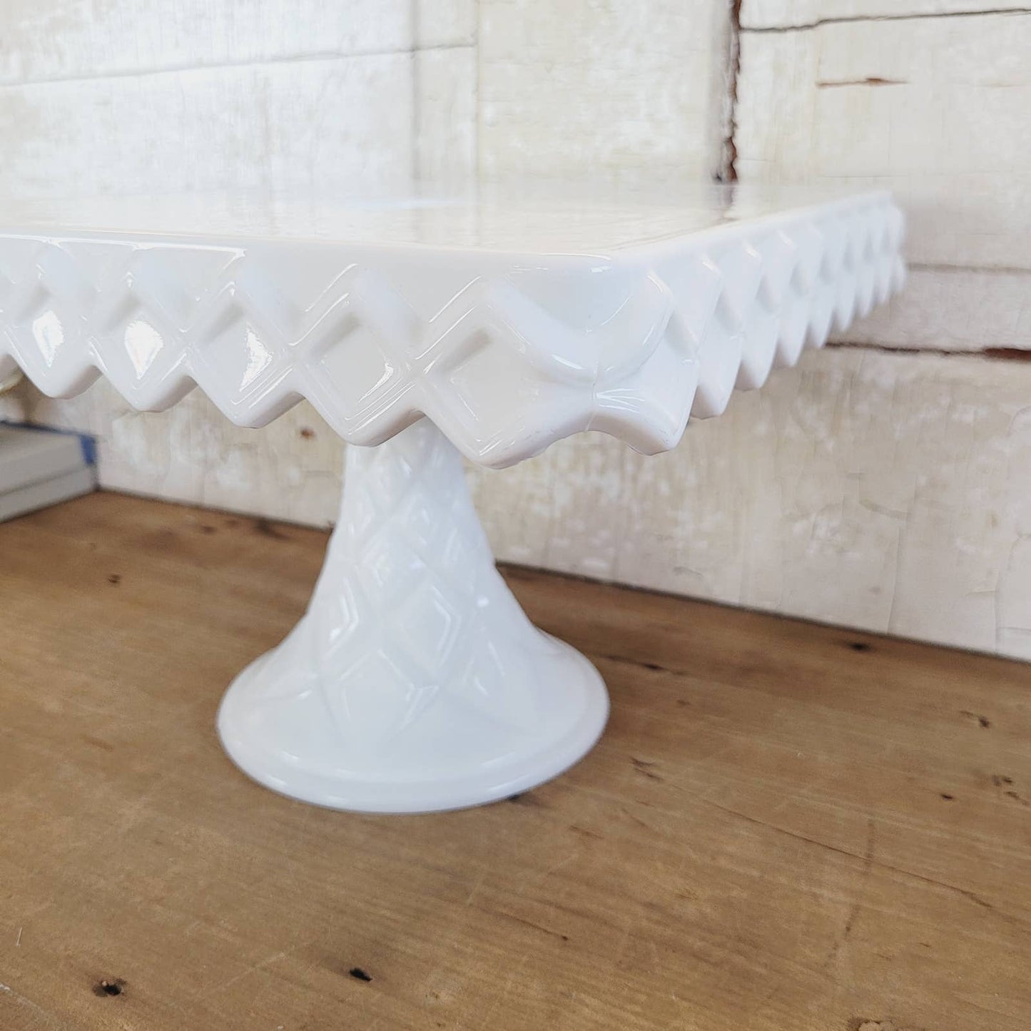Vintage Indiana Glass Cake Stand SQUARE Shaped Diamond Edged White Milk Glass