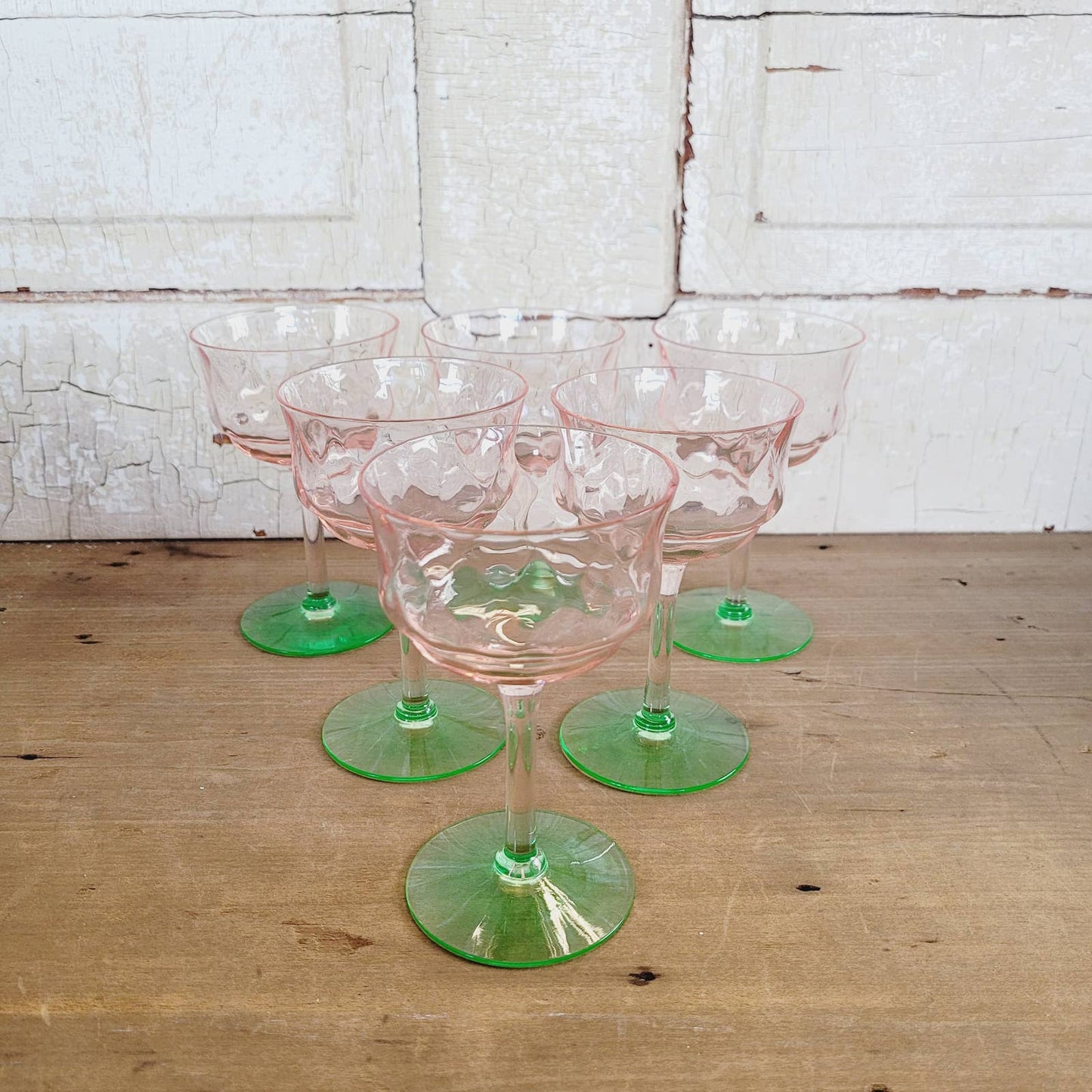 (6) Diamond Optic Pink Green Uranium Champagne Coupe Glasses Depression Vintage