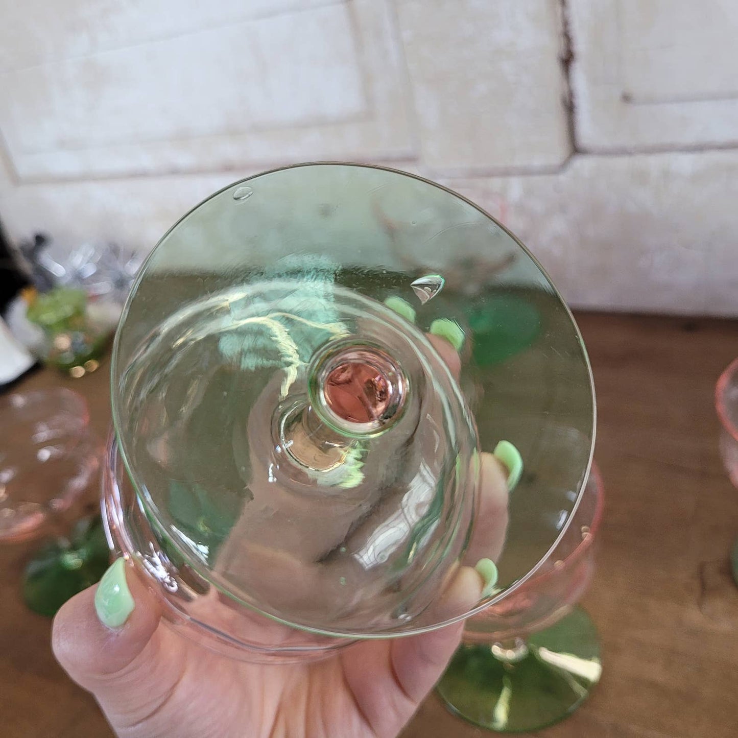 (8) Diamond Optic Pink Green Uranium Sherbet Champagne Coupe Depression Vintage