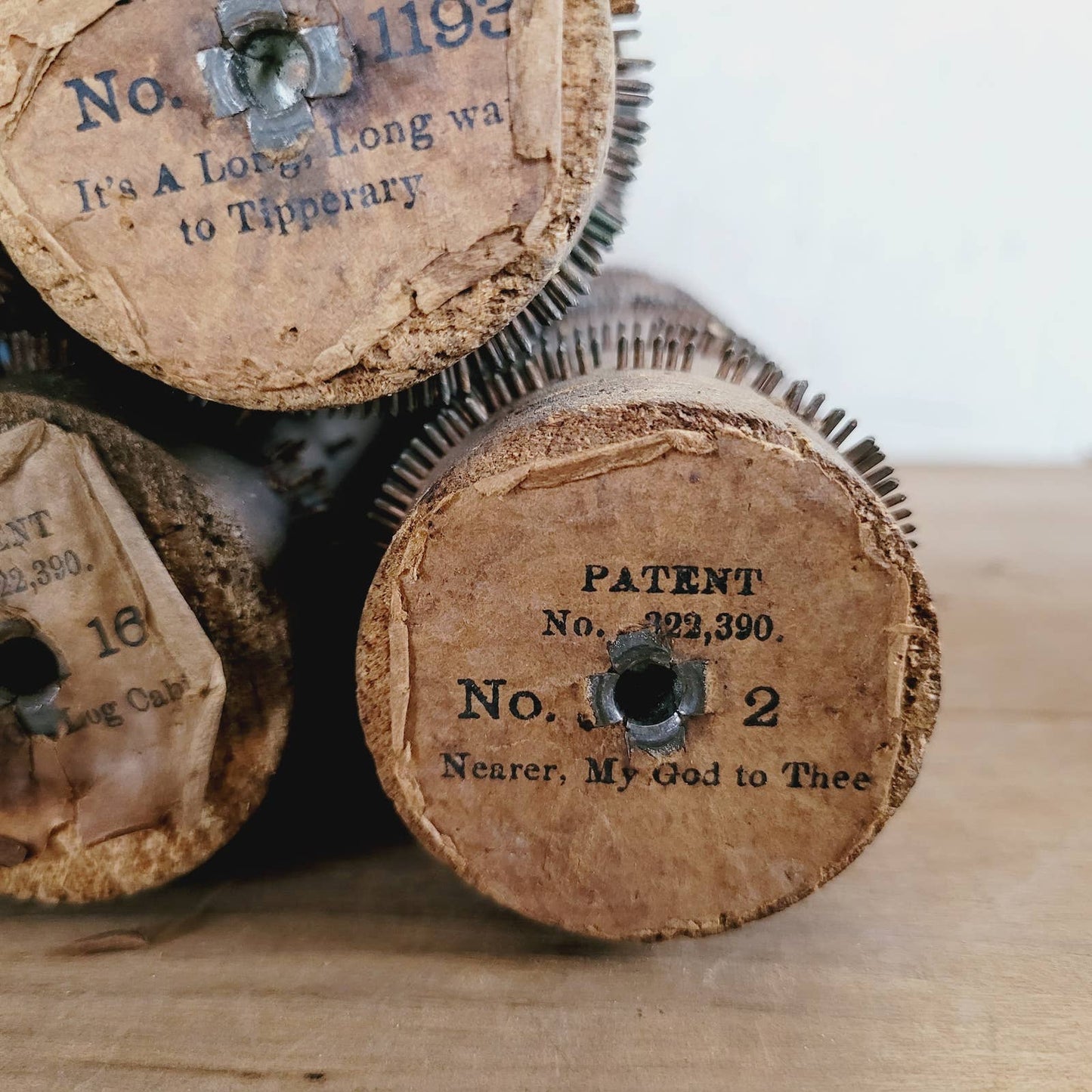 (6) Antique Wood Cob Music Rolls Silent Night America Jesus Tipperary & More