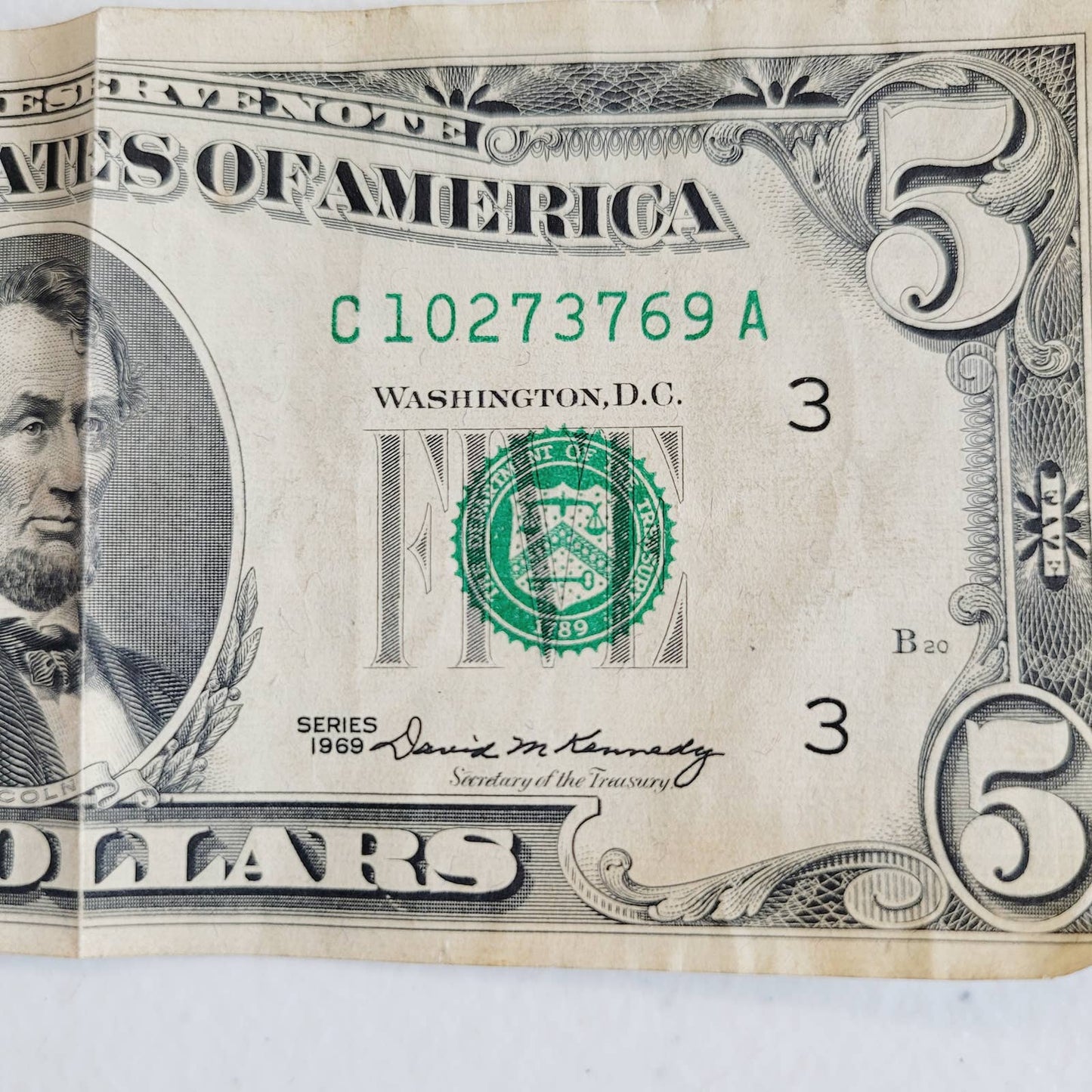 1969 $5 Five Dollar Bill Currency C