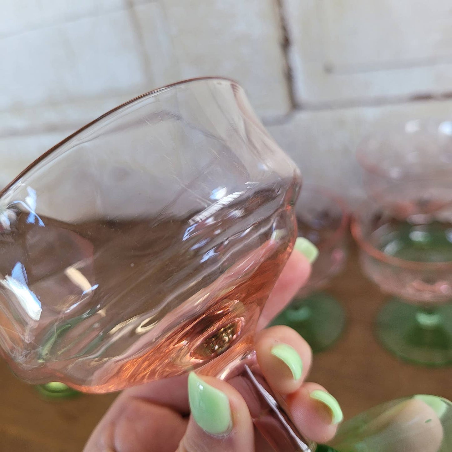 (8) Diamond Optic Pink Green Uranium Sherbet Champagne Coupe Depression Vintage