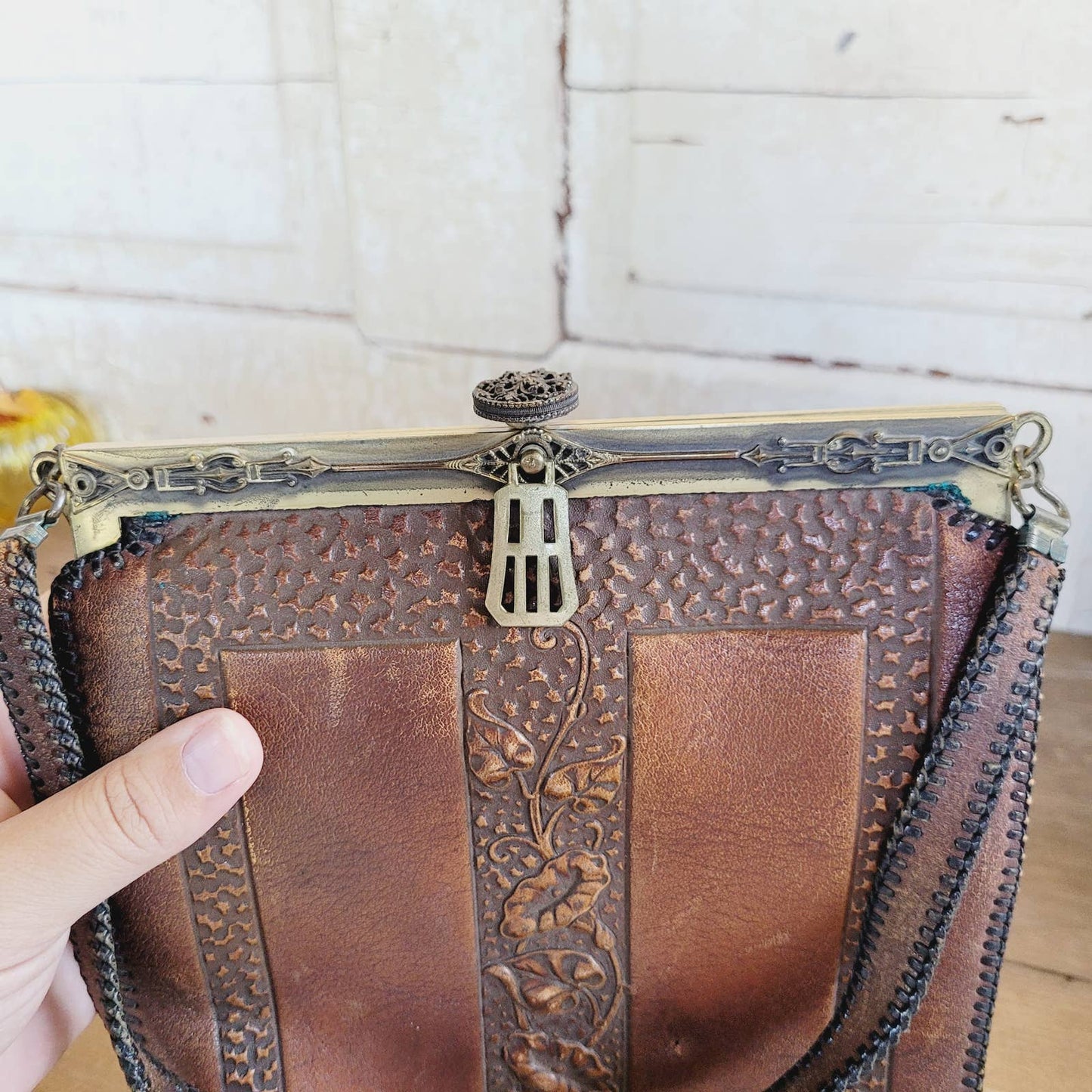 Antique 1918 Amity Tooled Leather Purse