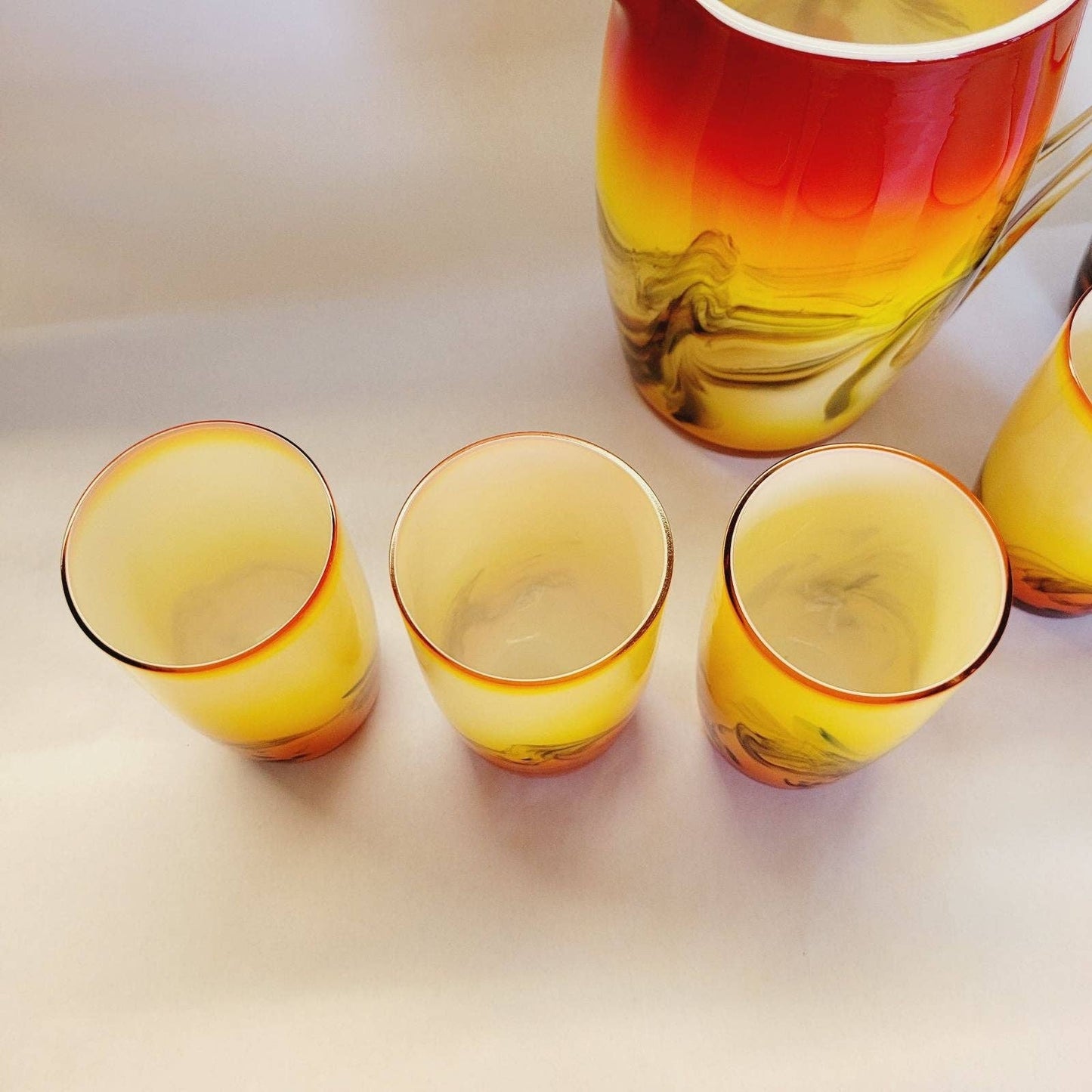 Vintage Cased Glass Tumblers and Pitcher