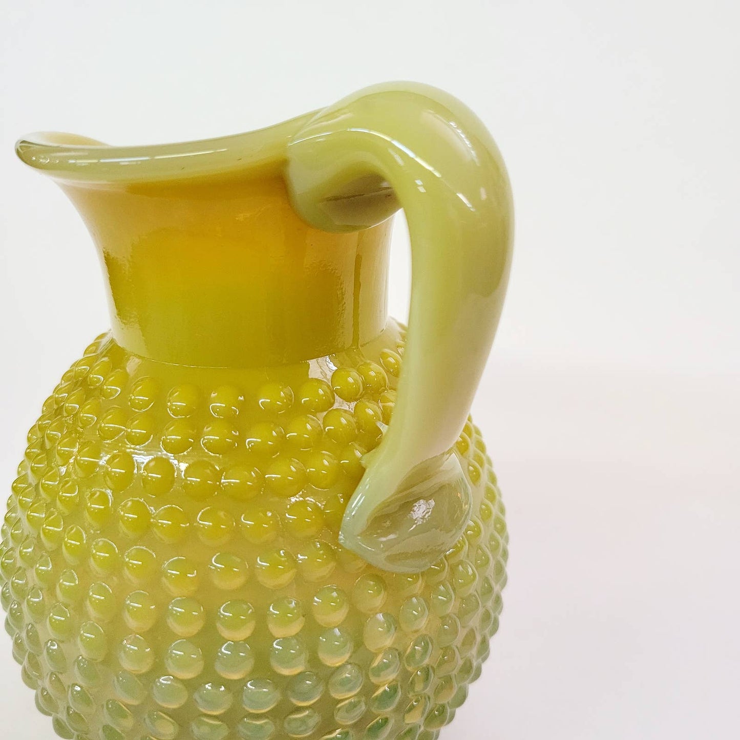 VINTAGE ART GLASS YELLOW GREEN HOBNAIL PITCHER