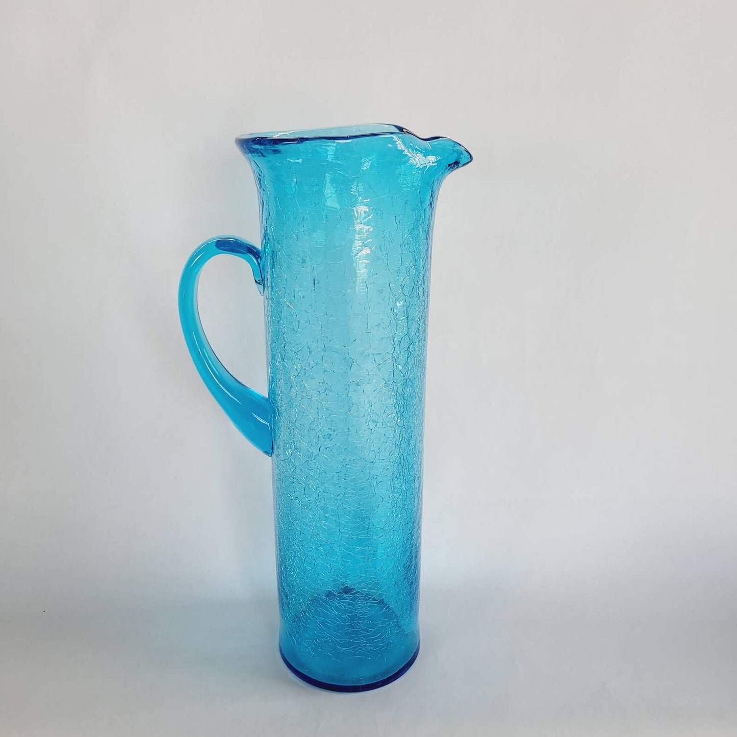 Vintage Blue Crackle Glass Pitcher 11"