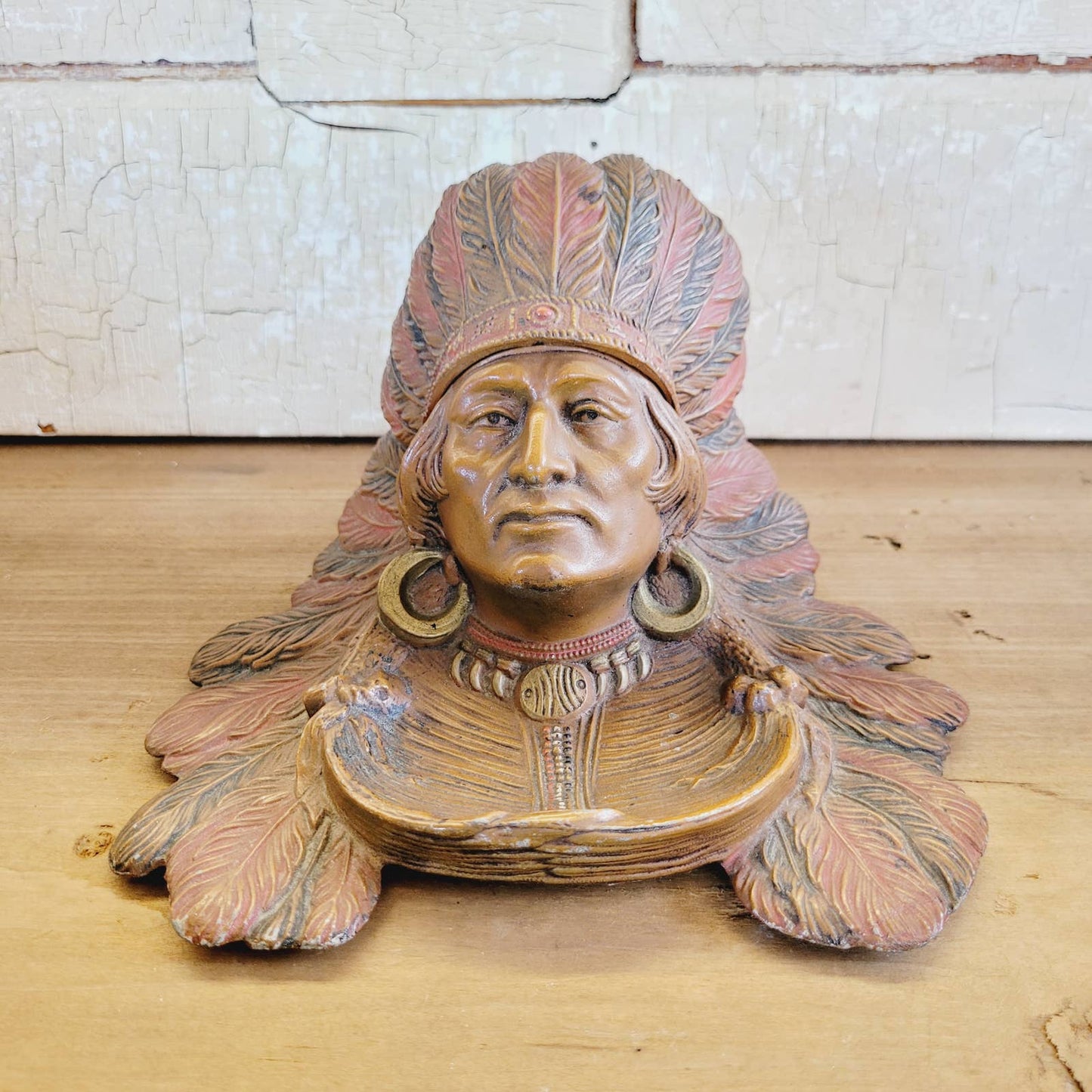 Early 1900s Antique Native American Indian Chief in Headdress Inkwell