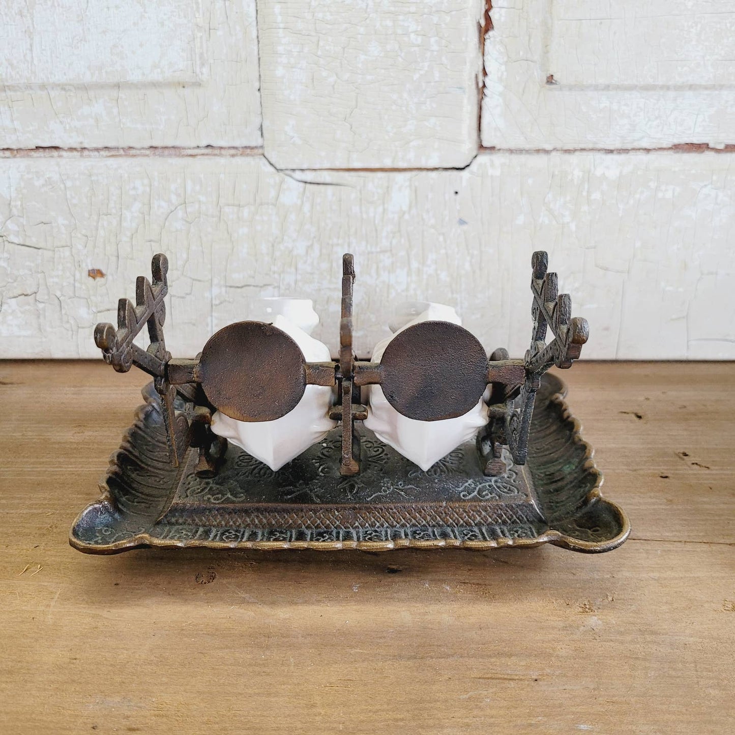 Antique Vintage Double Snail Inkwell Pen Holder Ceramic Stoneware